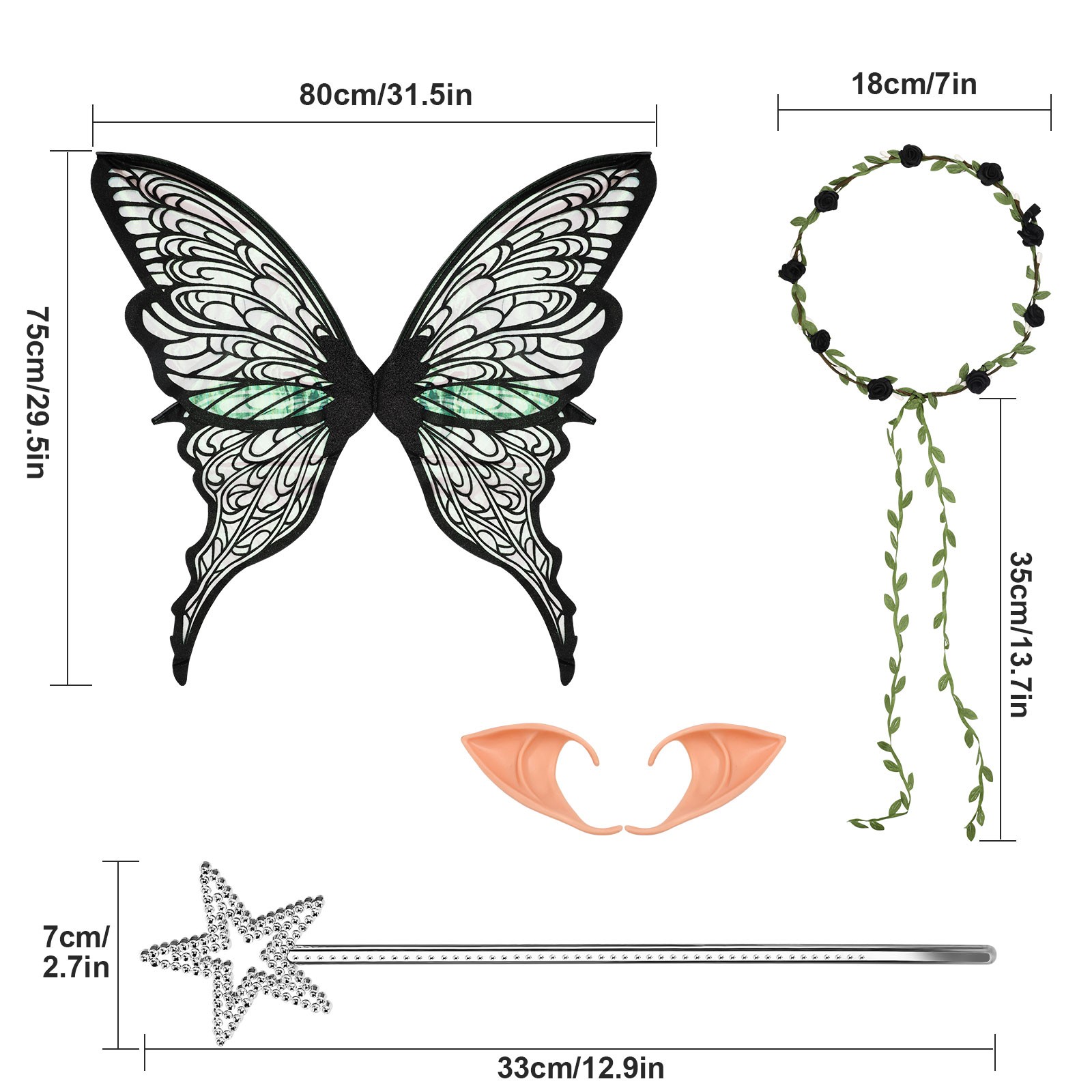 Adult Butterfly Fairy Wings Set Cosplay Costume W/ Wand & Elf Ears for Halloween