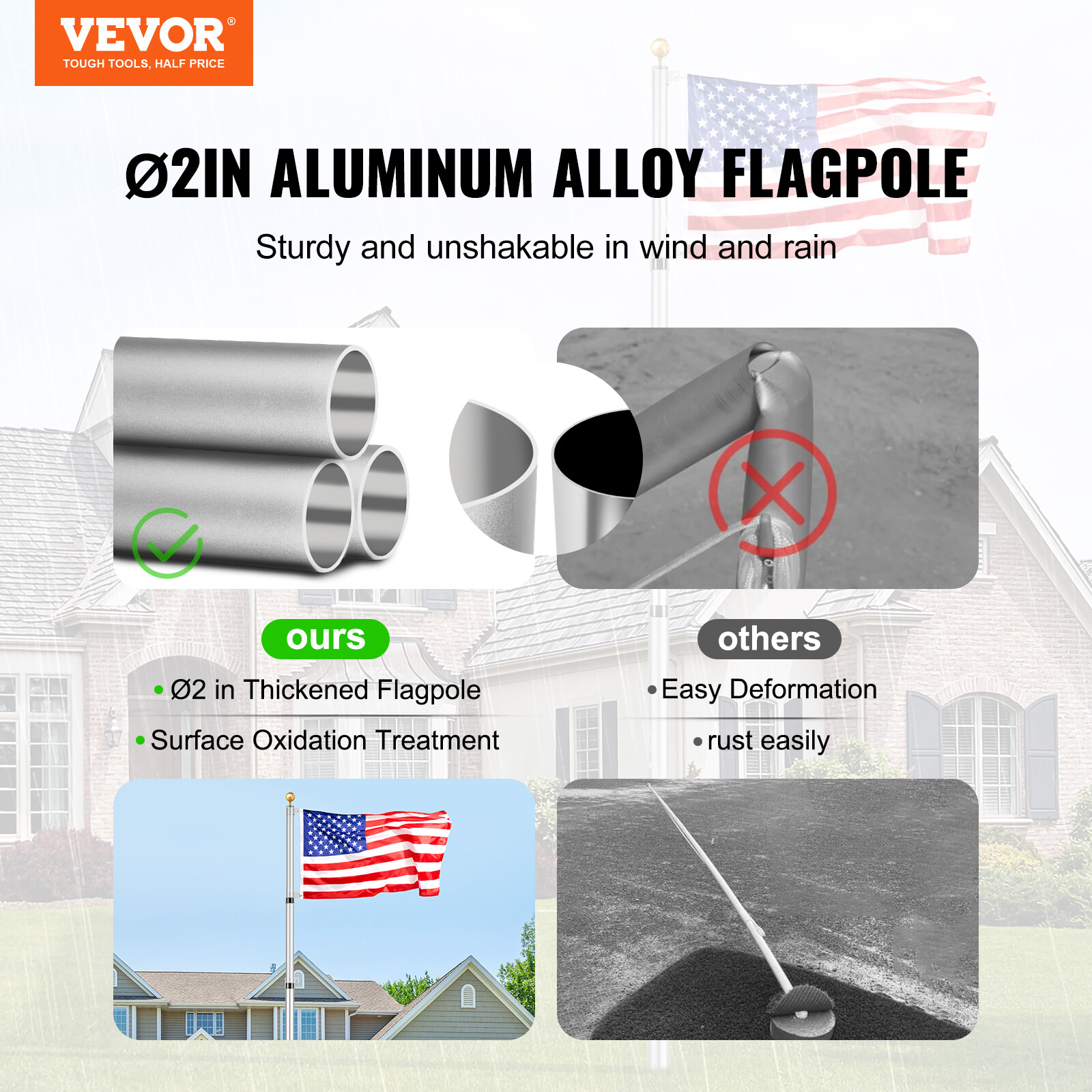 VEVOR 20FT Telescopic Flagpole Kit Heavy Duty Aluminum Flag Pole American Silver