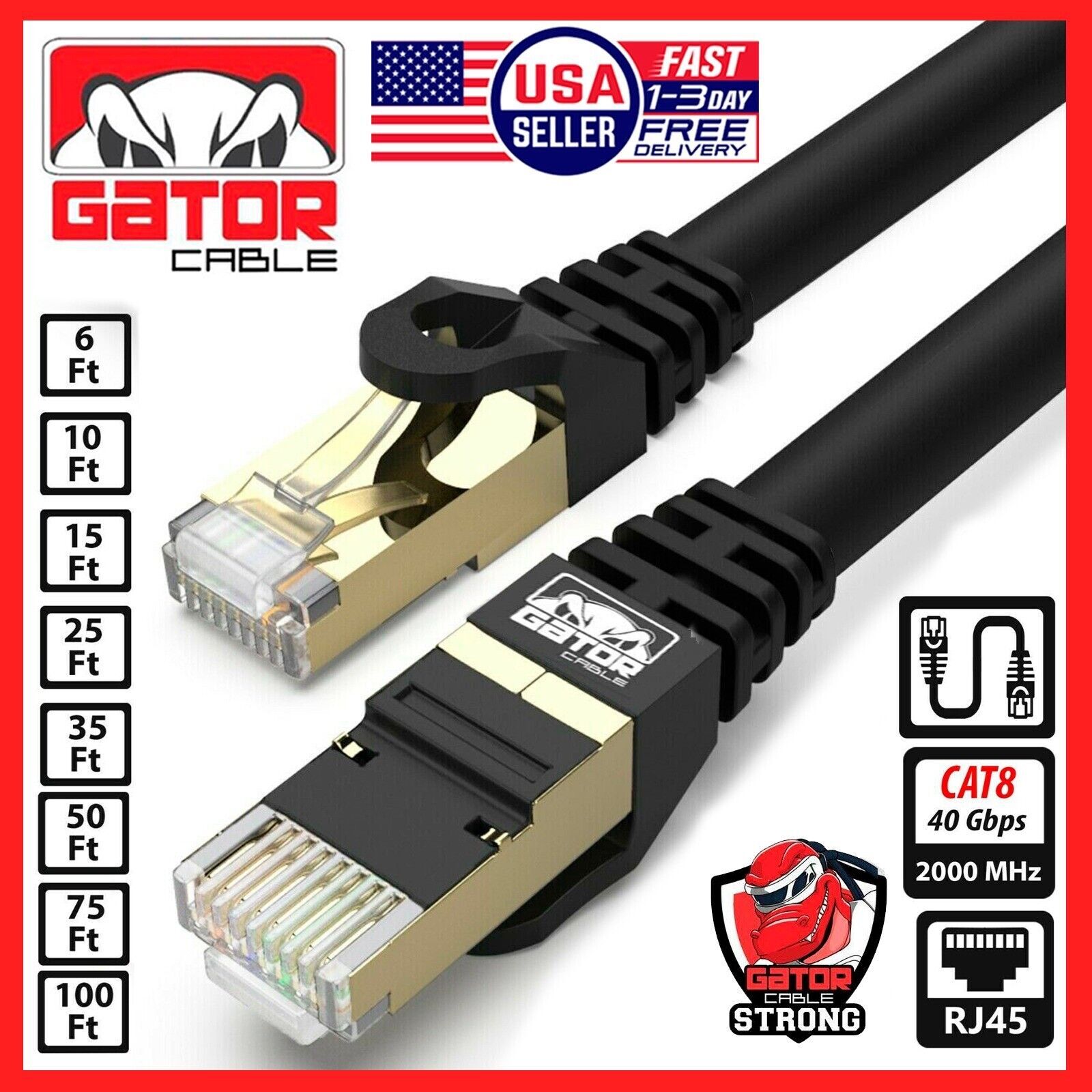 Cat 8 Ethernet Cable RJ45 Super Speed 40Gbps Patch LAN Network Gold Plated Lot