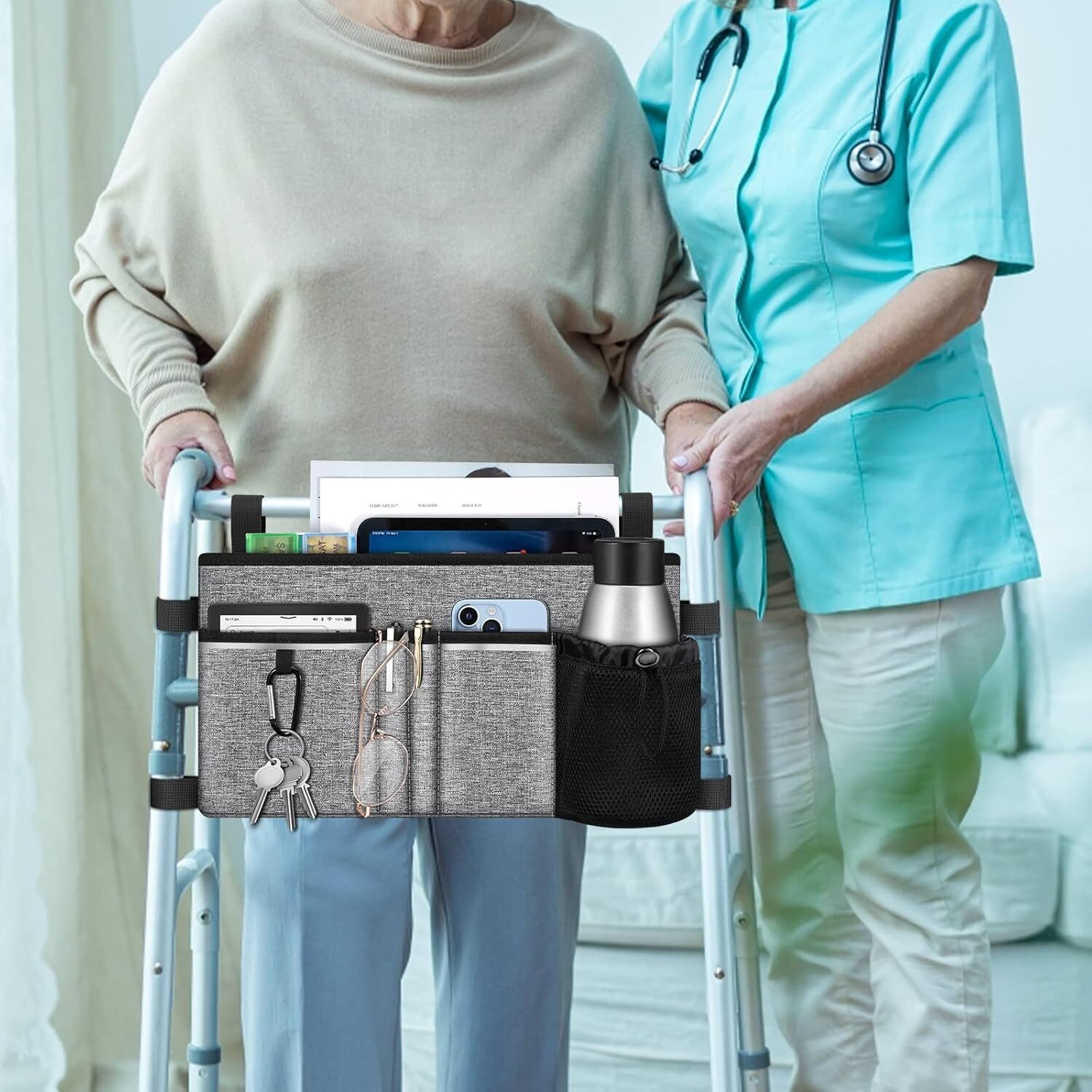 Large Walker Tote Bag with Cup Holder, Folding Walker Attachment Storage Basket