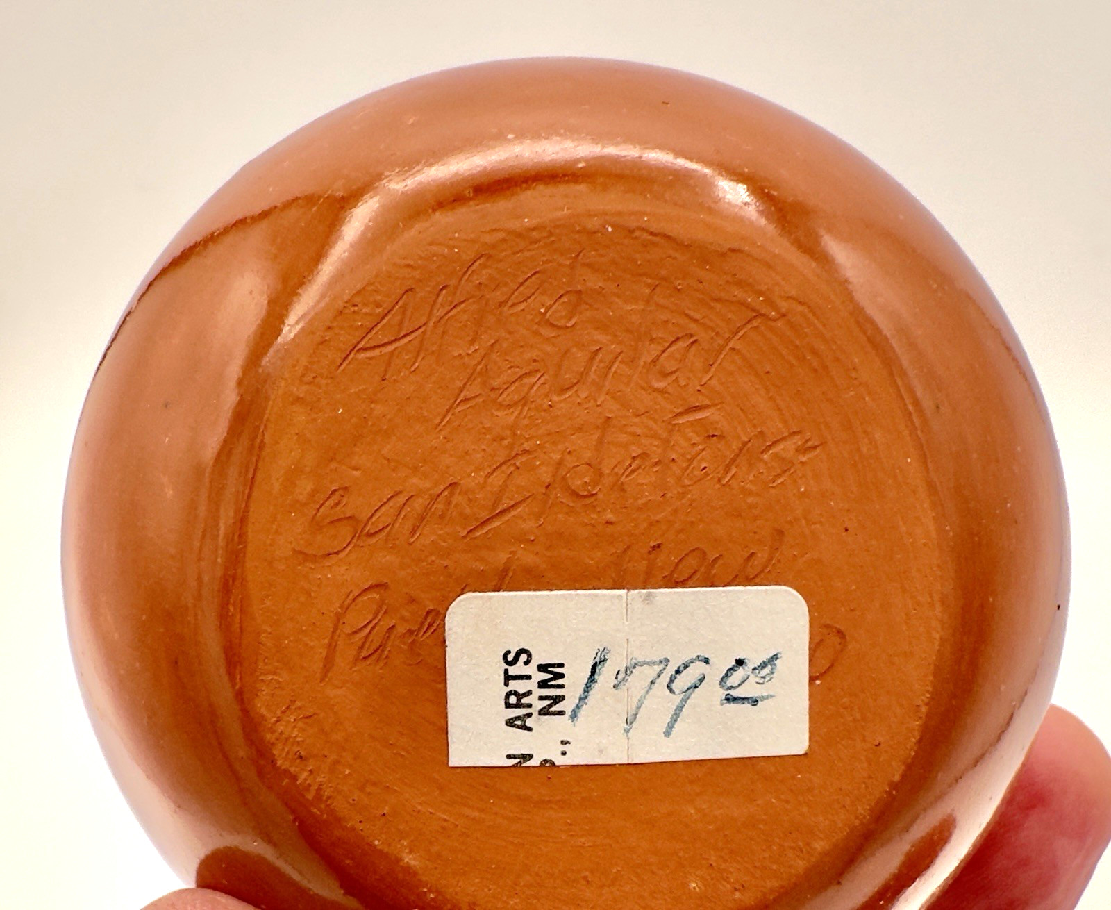 2.5" Ildefonso Pueblo Sgraffito Avanyu Redware Pottery Jar - Alfred Aguilar