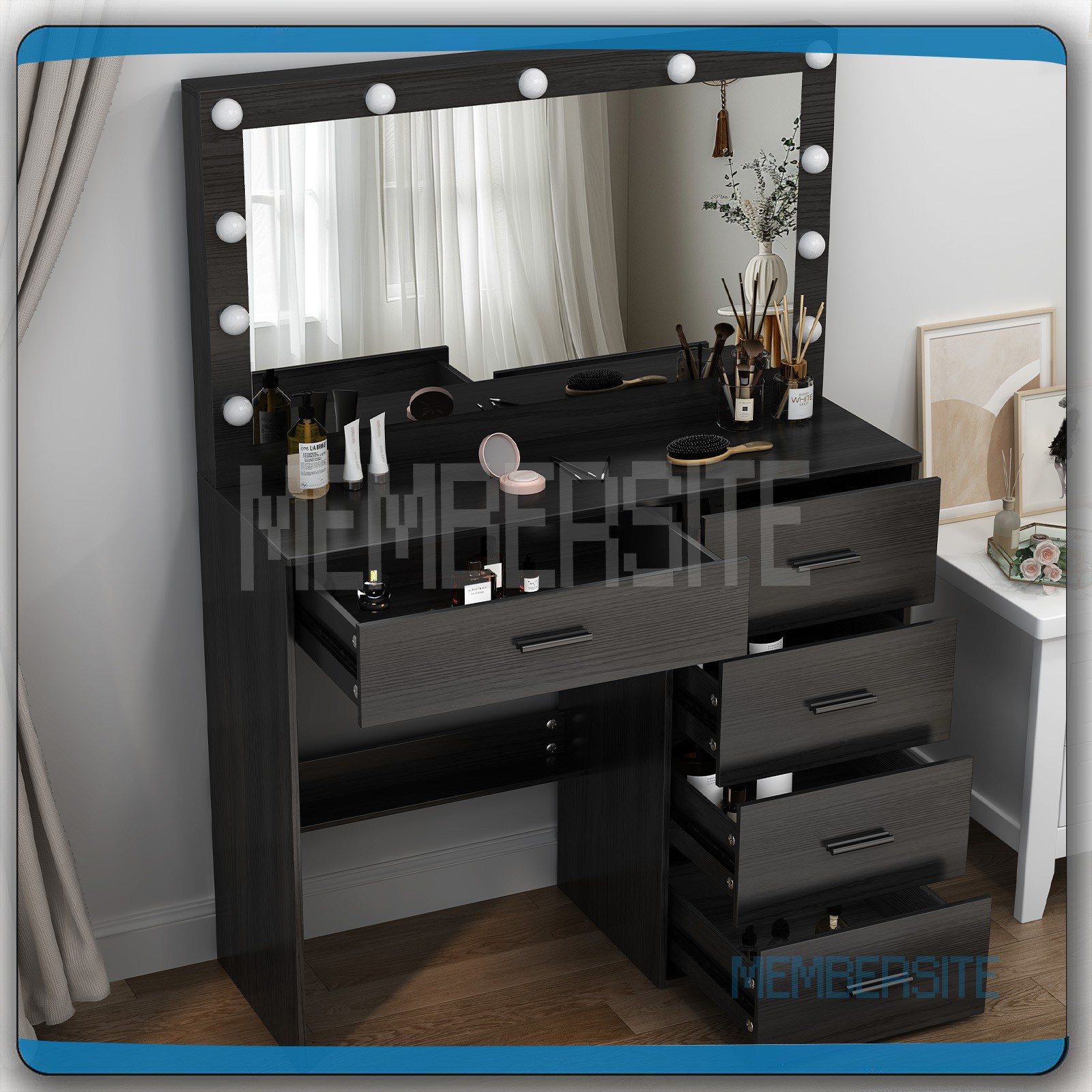 Black Makeup Vanity Desk With Large Hollywood Mirror 11 Led Bulbs Dressing Table