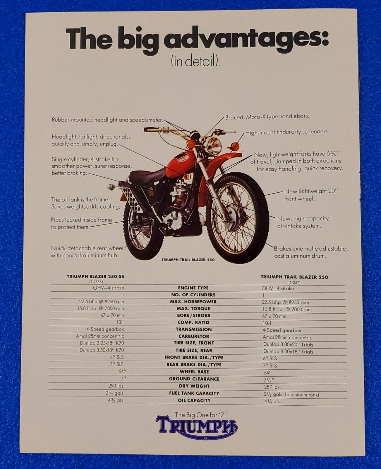 1971 TRIUMPH MOTORCYCLE SALES BROCHURE/PRINT AD TRAIL BLAZER 250 BY BSA NORTON