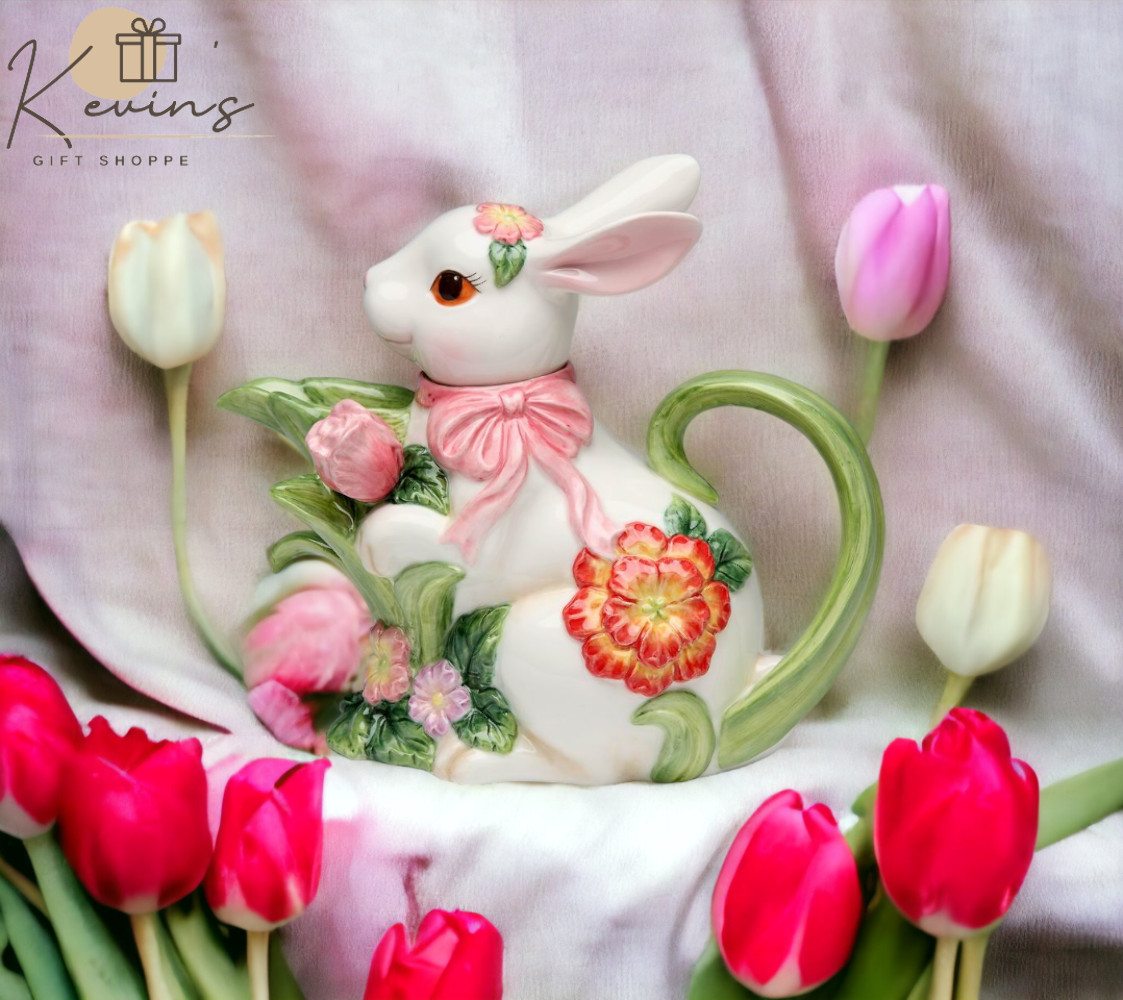 Ceramic Easter Bunny Rabbit with Flowers Teapot, Gift for Her, Gift for Mom, Tea