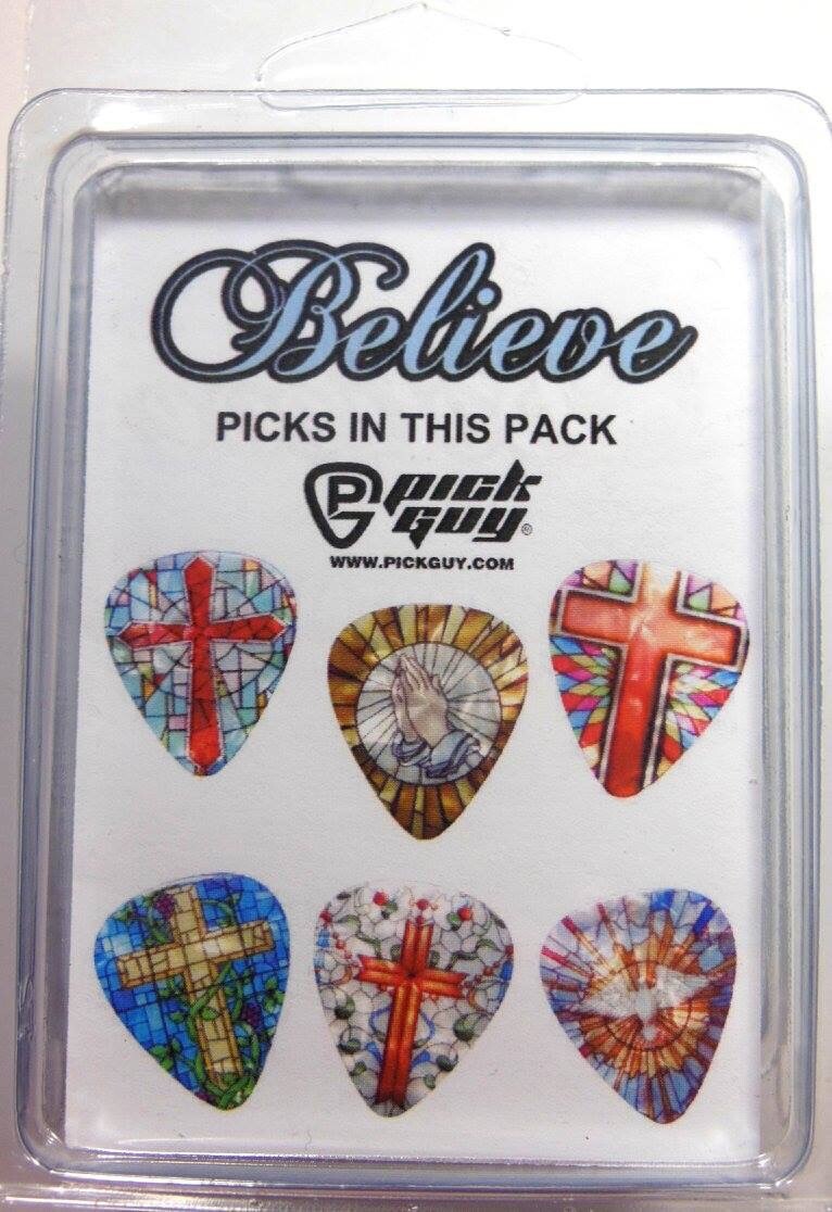 "BELIEVE" Guitar Pick Pack, 6 Picks .71mm Medium, Clamshell, Religious pics pic