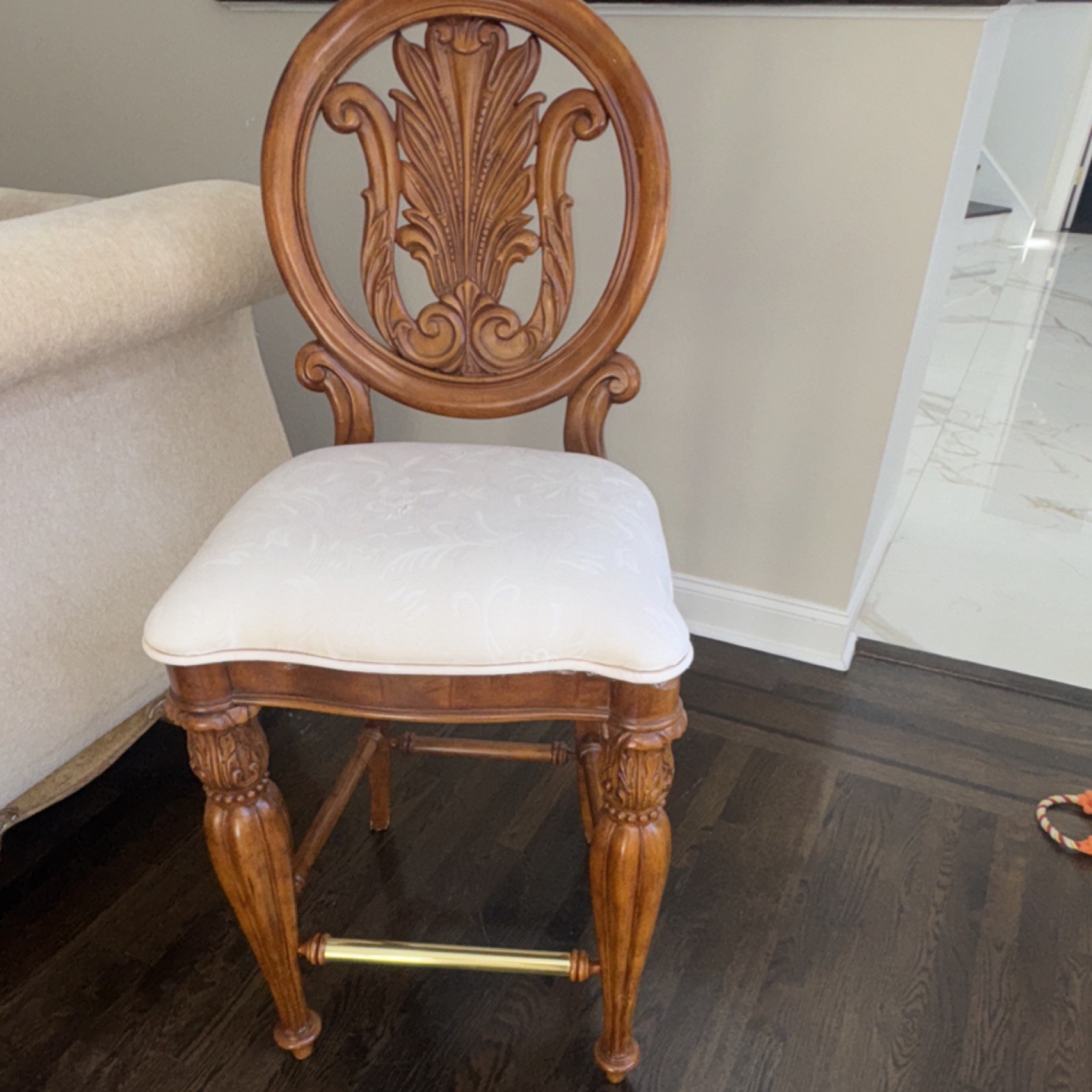 Pulaski Wood Bar Cabinet with Marble Top, Brass Handles, three bar stool’s