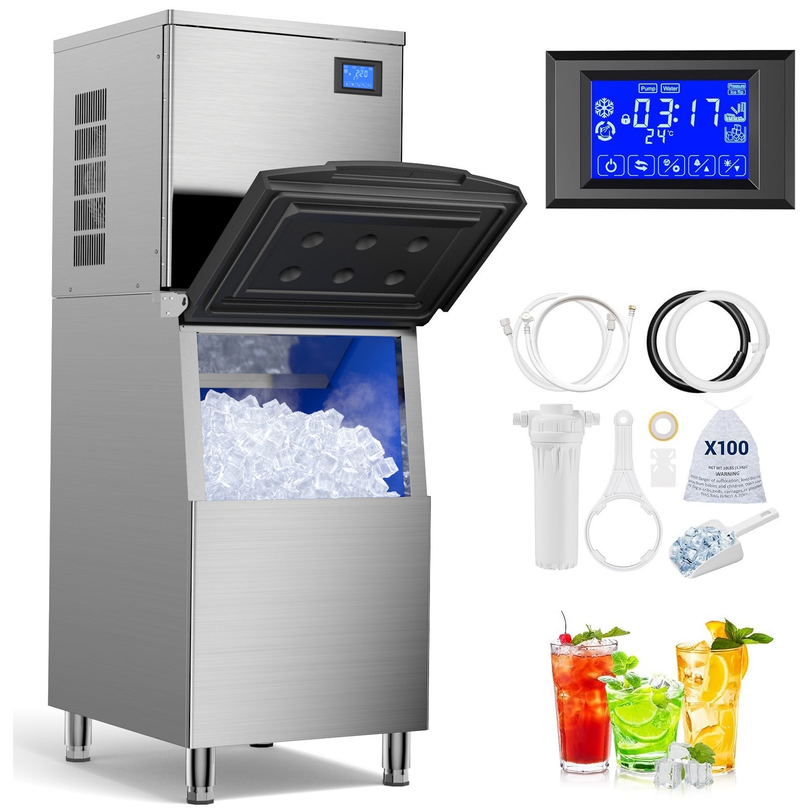 Heavy Duty 600Lbs/24H Commercial Ice Maker Machine 560LBS Industrial Ice Machine