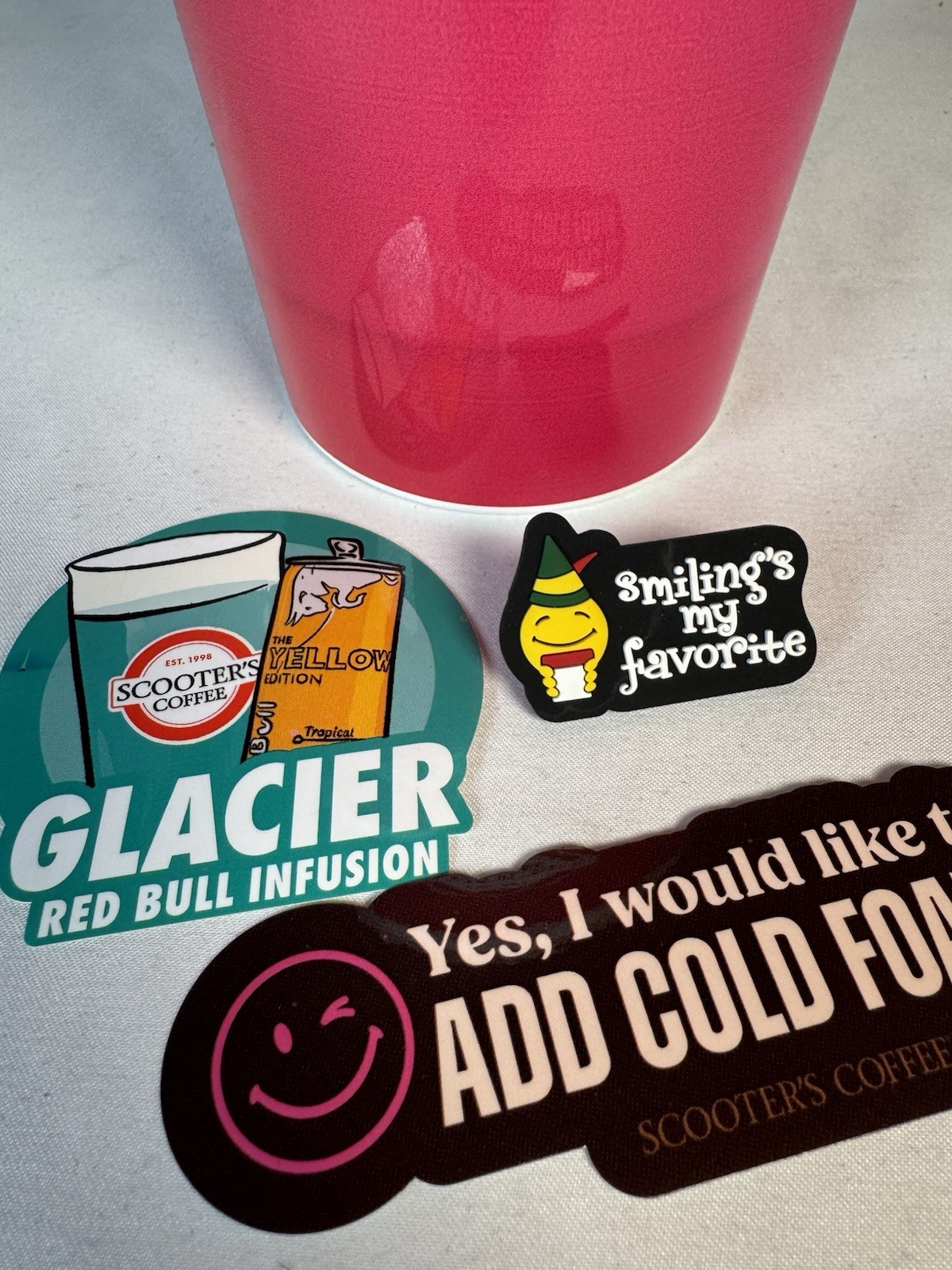 Scooter's Coffee Collectible Red Cup Cheers 32oz, 2 Stickers And A Straw Topper