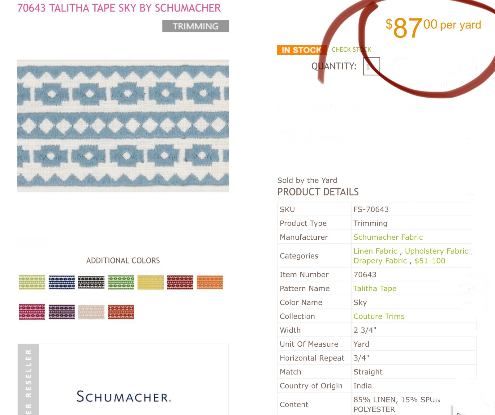 SCHUMACHER 79920 Talitha Tape Sky 85% Linen Embroidered Passementerie Trim BTY