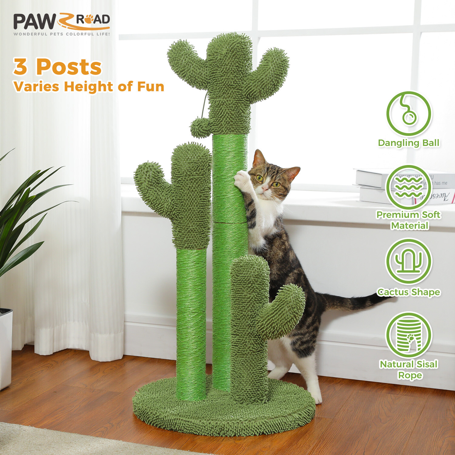 PAWZ Road Cactus Cat Scratching Post Sisal Scratcher with 3 Scratching Poles 35"