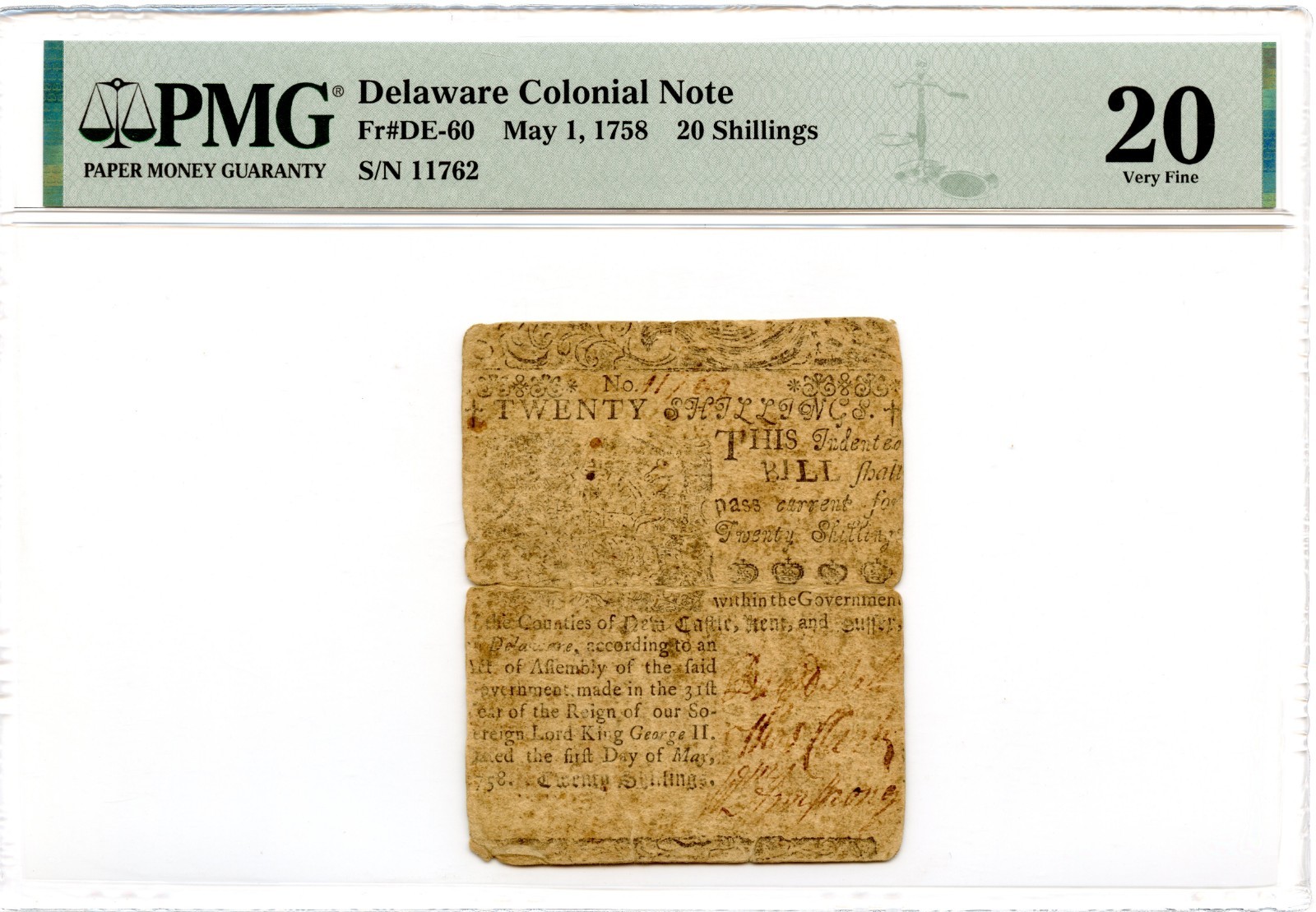 Delaware Colonial Note Fr#DE-60 May 1, 1758 20s PMG VF-20 *Ben Franklin*