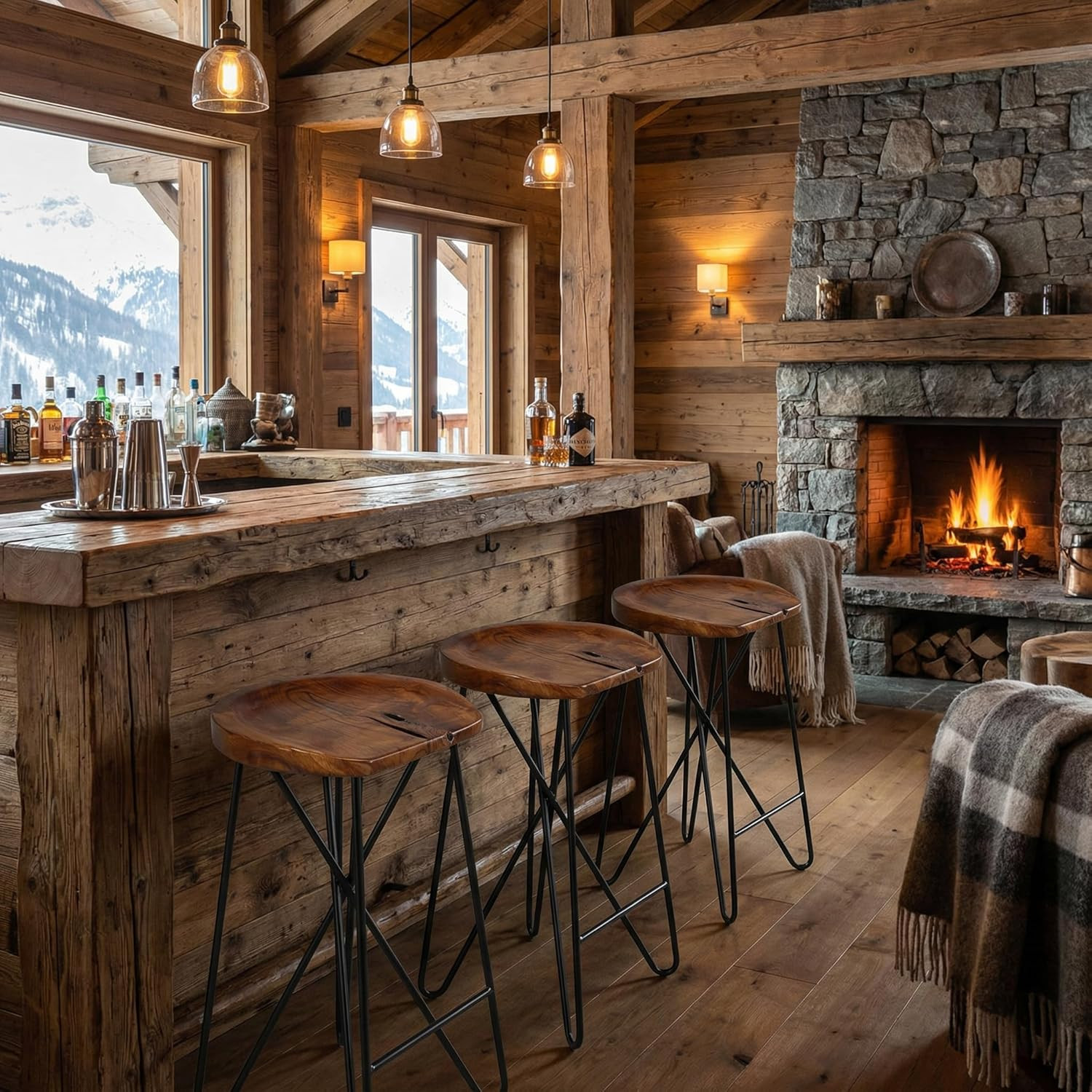 Aloha Backless Teak Counter Stool with Black Metal Legs - 27" Tall