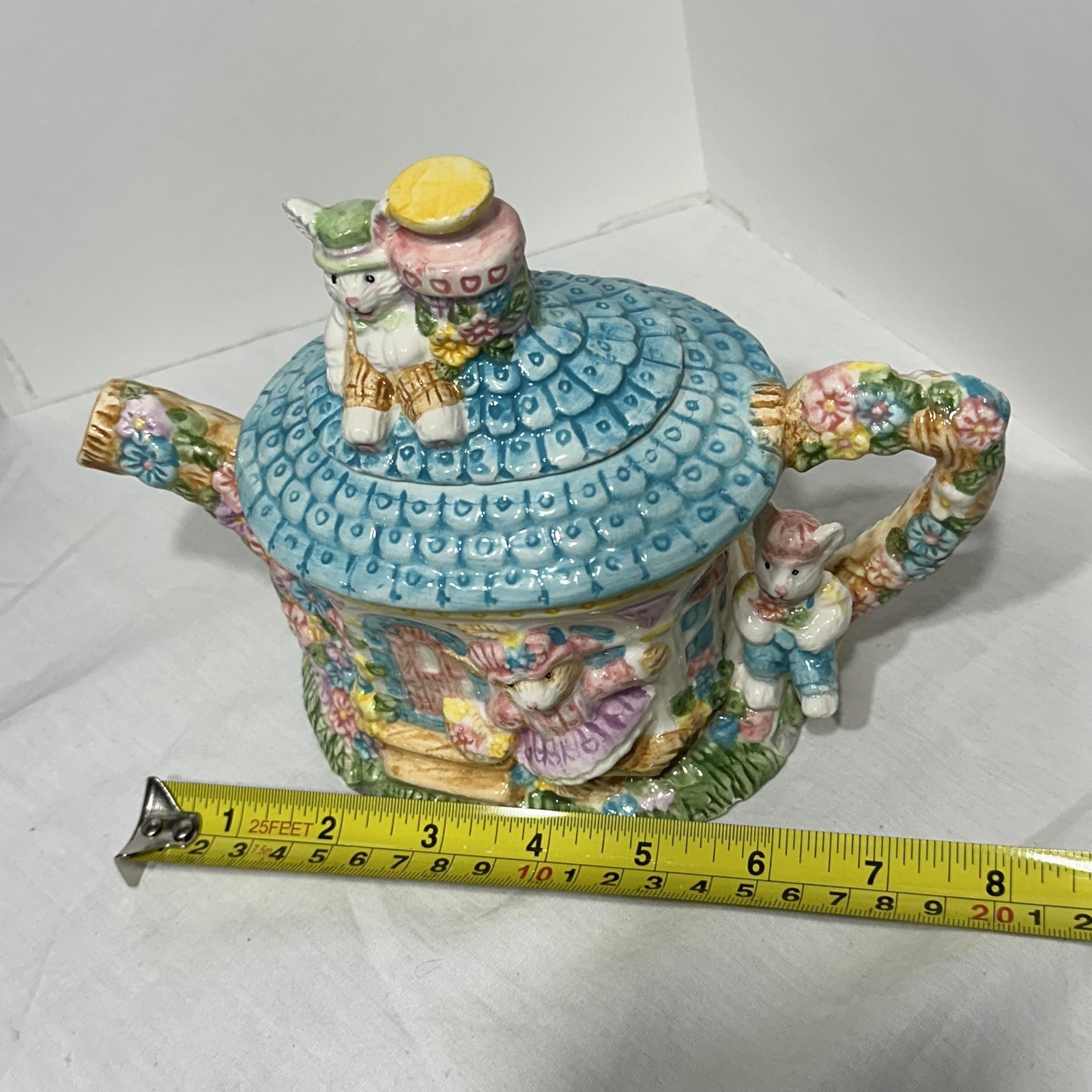 Vintage Mercuries Bunny Cottage House Teapot Ceramic Easter Floral Pastel 1994