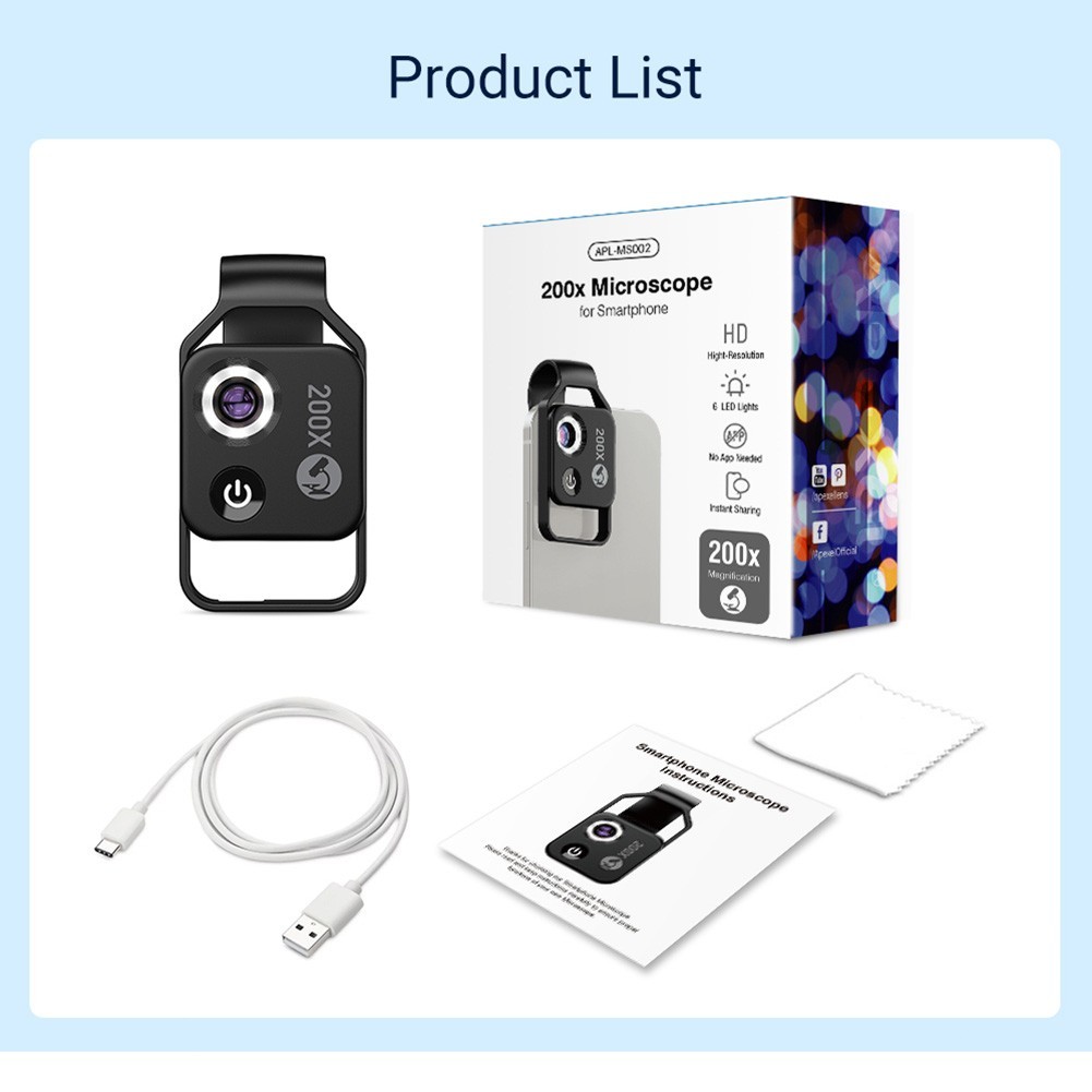 200X Phone Mini Pocket Microscope with LED Light/Universal Clip, Nano Zoom Porta