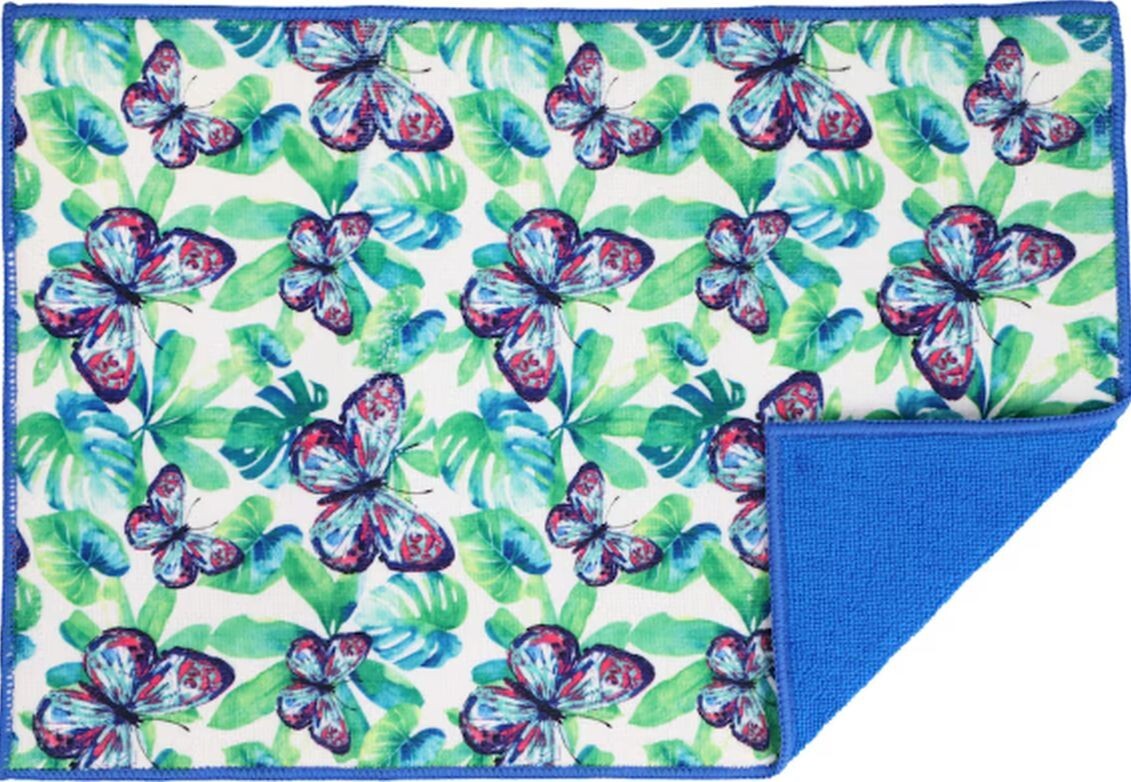 Microfiber Dish Drying Mat (12"x18") BUTTERFLIES & TROPICAL LEAVES, blue back,GR