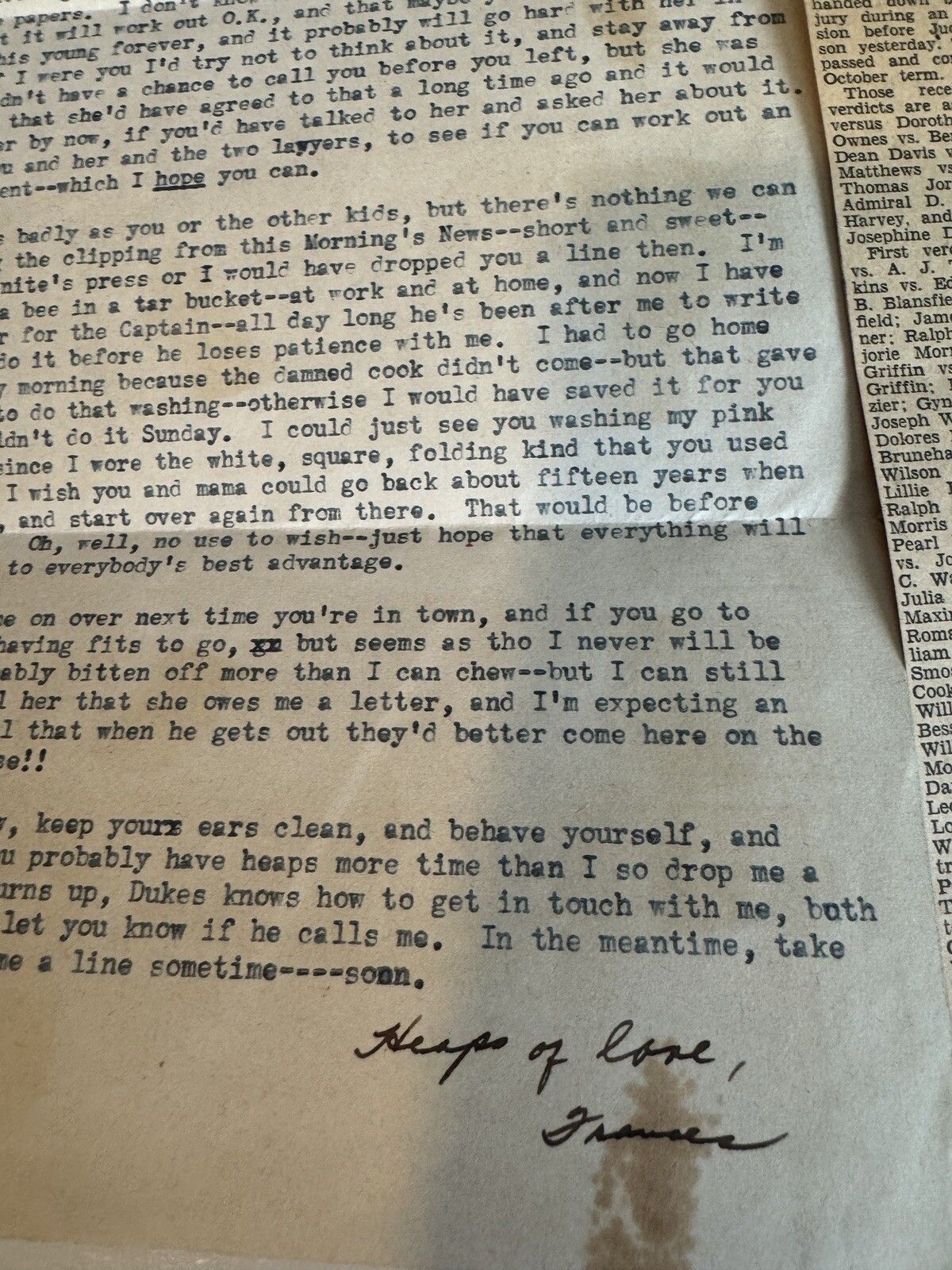 Personal Letter About Divorce 1945 Typed Article Clipping Correspondence