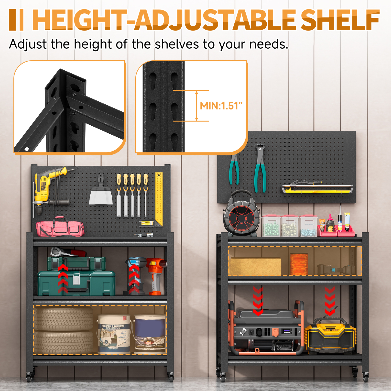 Roling Garage Workbench with Pegboard Adjustable Height Movable Storage Shelving