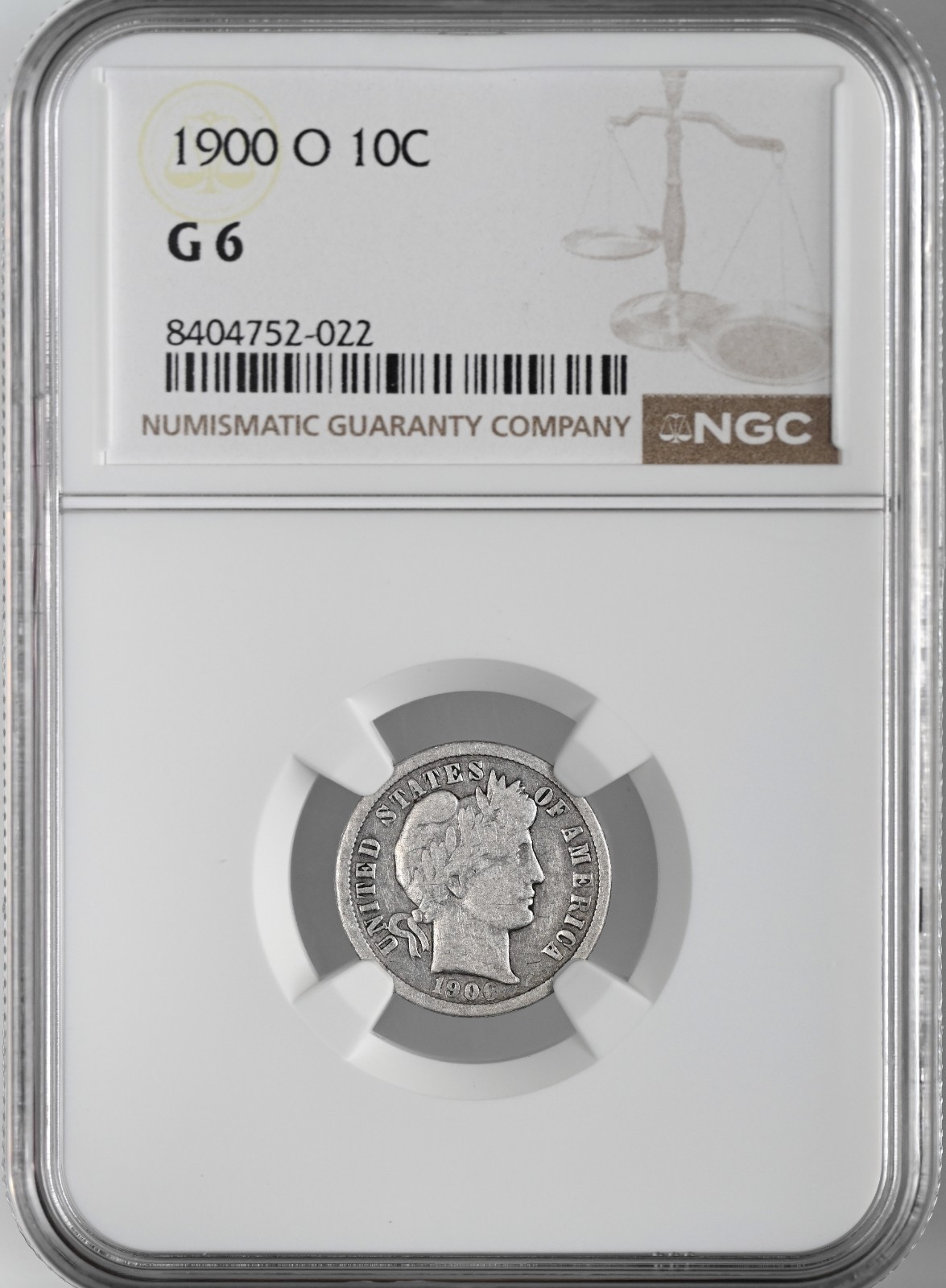 1900-O  10C BARBER SILVER DIME "NEW ORLEANS"  NGC G6  #8404752-022
