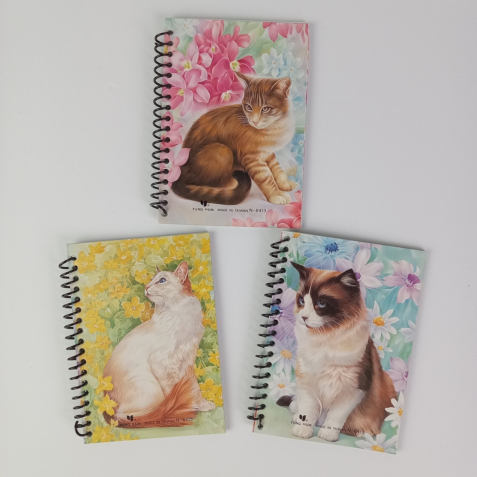 3 Vtg Cat Mini Notebooks Kitty Flowers 90s Lined Pages Spiral Yung Hsin READ