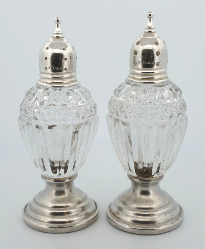 Vintage Antique Weighted Sterling Silver Crystal Glass Salt & Pepper Shakers