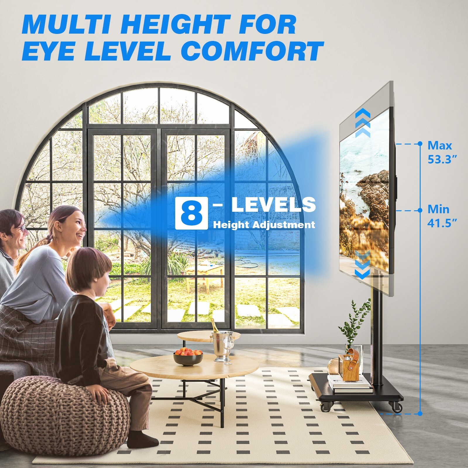 Rolling TV Stand for 32 to 70 Inch TVs,9 Levels of Height & ±30° Swivel Adjusta