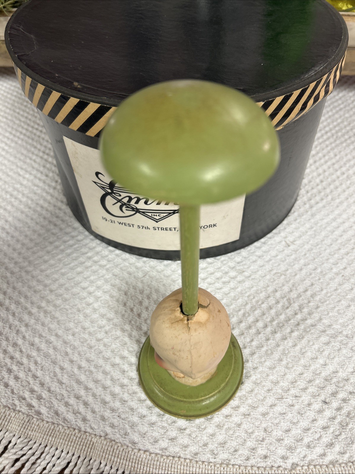 Antique Papier-Mâché Side Eyed Doll Head Girl Wood Hat Stand 9.5" Creepy Germany