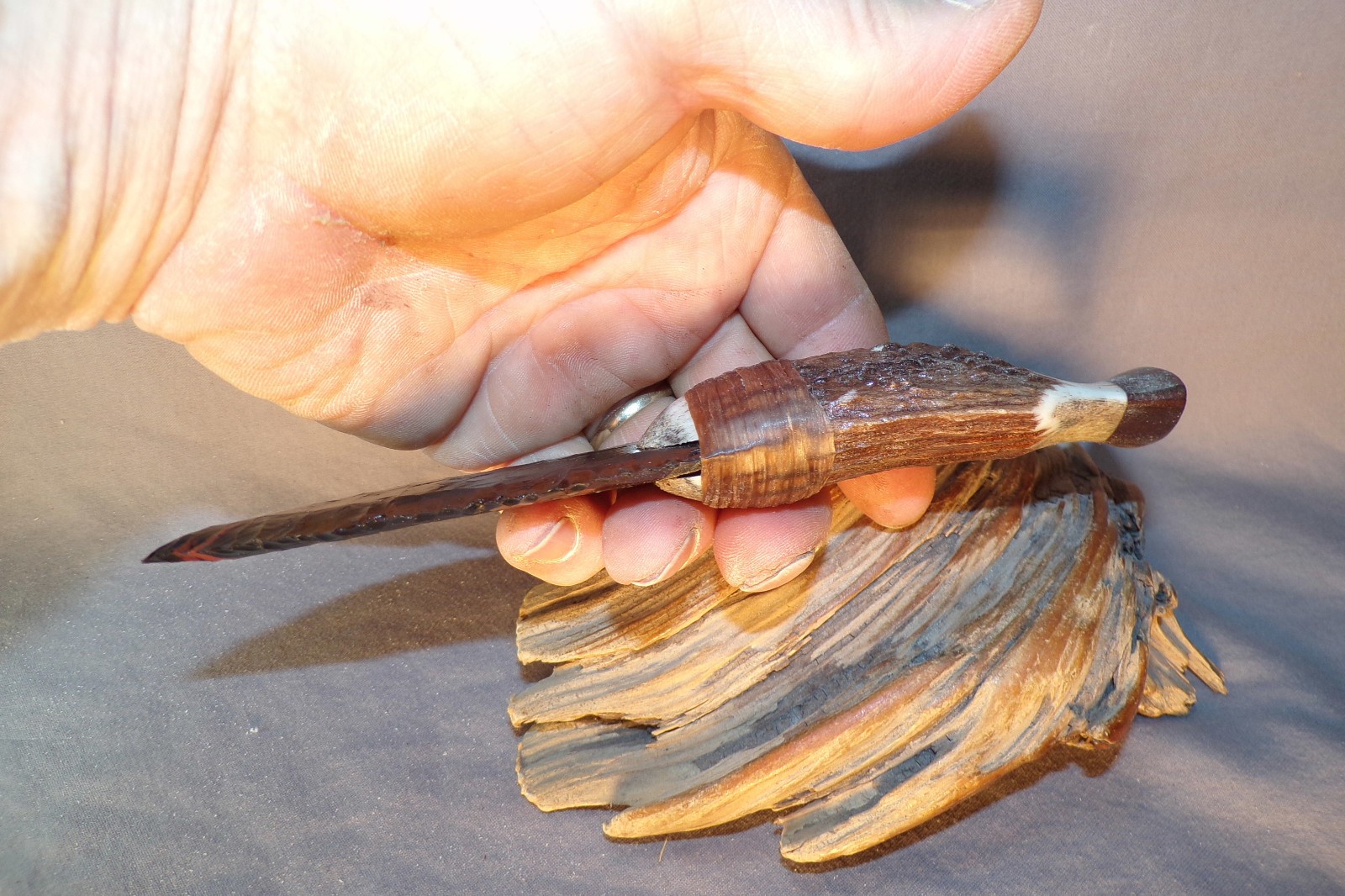 Tri Flow Obsidian Cody Knife W Elk Antler & Walnut End Cap Handle Flintknapping