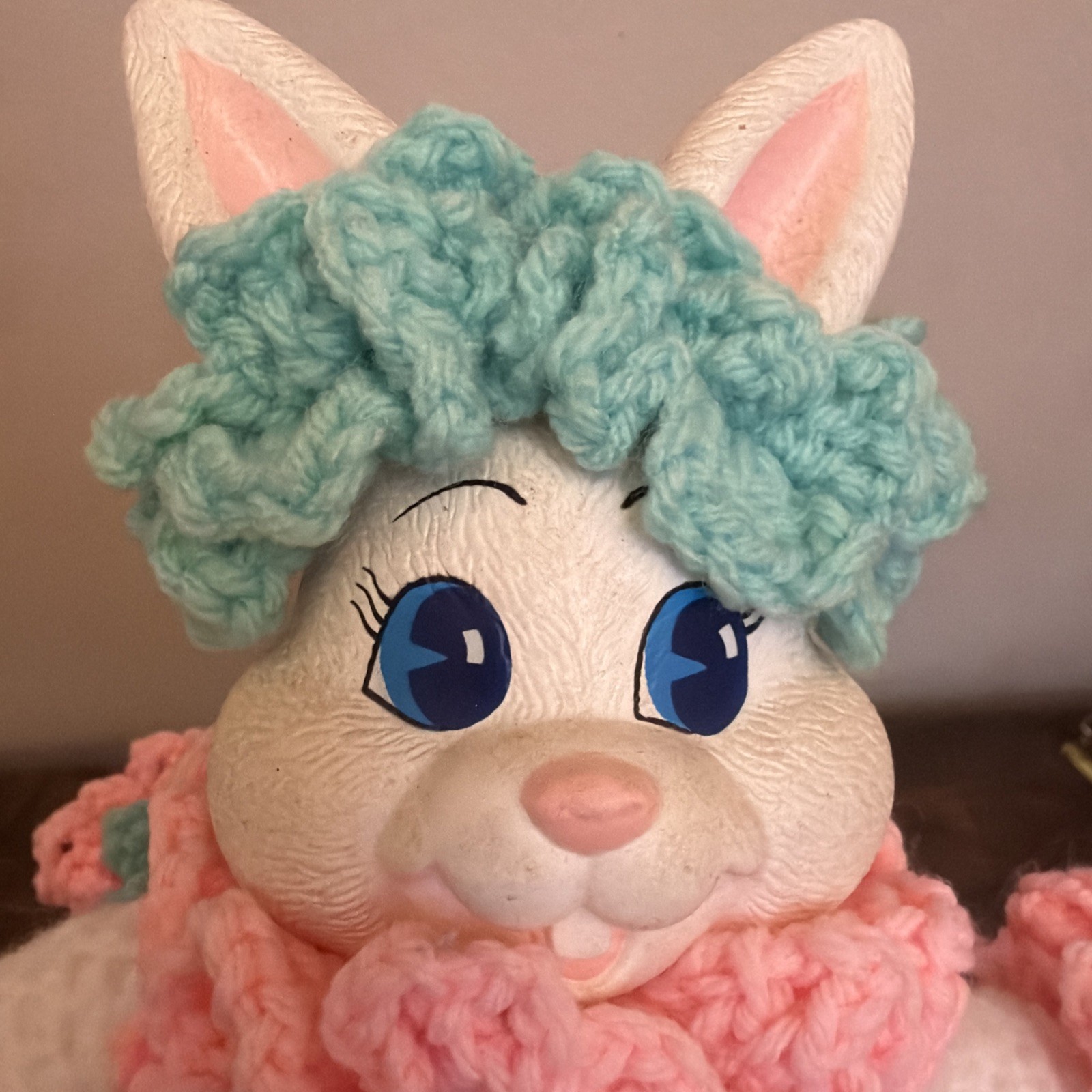 Vintage Easter Bunny Doll Handmade Crochet Carrot Dress Vinyl Rabbit Toy Decor