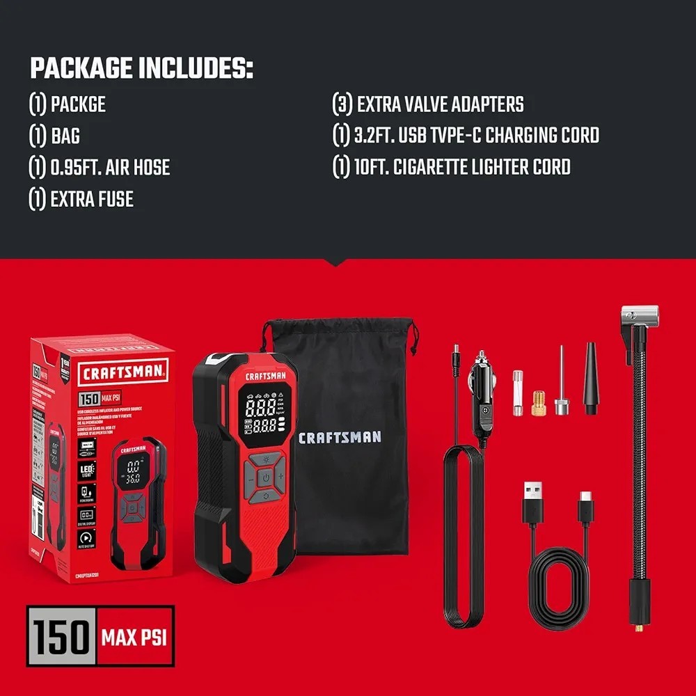 CRAFTSMAN PORTABLE AIR INFLATOR rechargeable 12-VOLT LITHIUM CMXPTXA1201 USB C