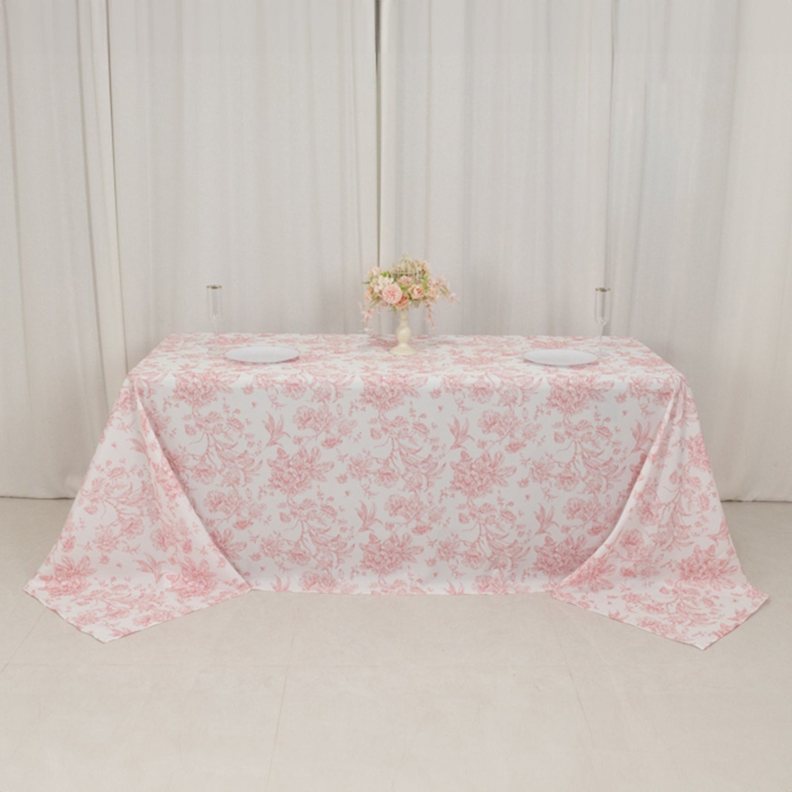 90" x 132" Pink French Toile Pattern Polyester Rectangular Tablecloth