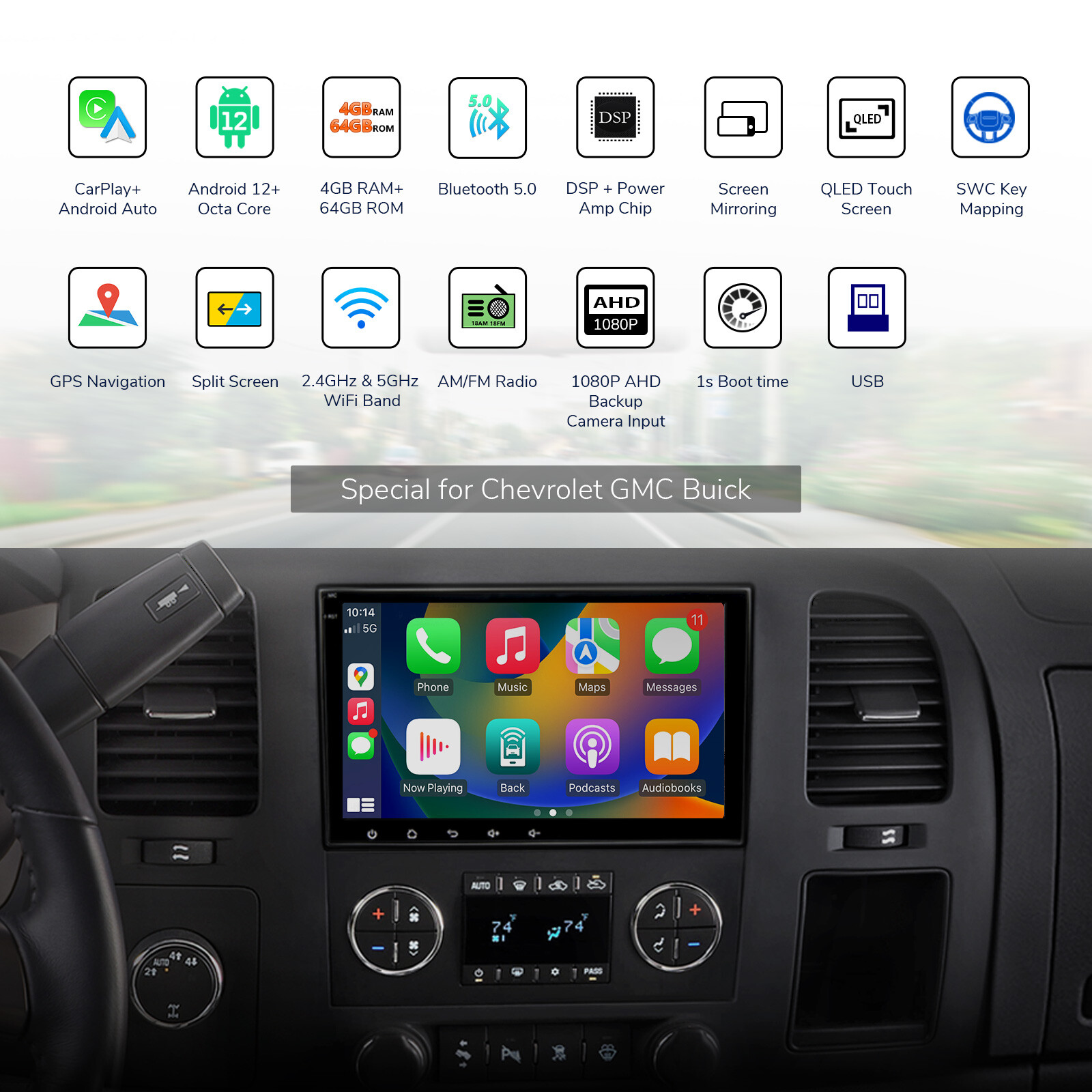 CAM+Car Stereo Android 12 8Core 4+64 For GMC Chevrolet Chevy Yukon Sierra Acadia