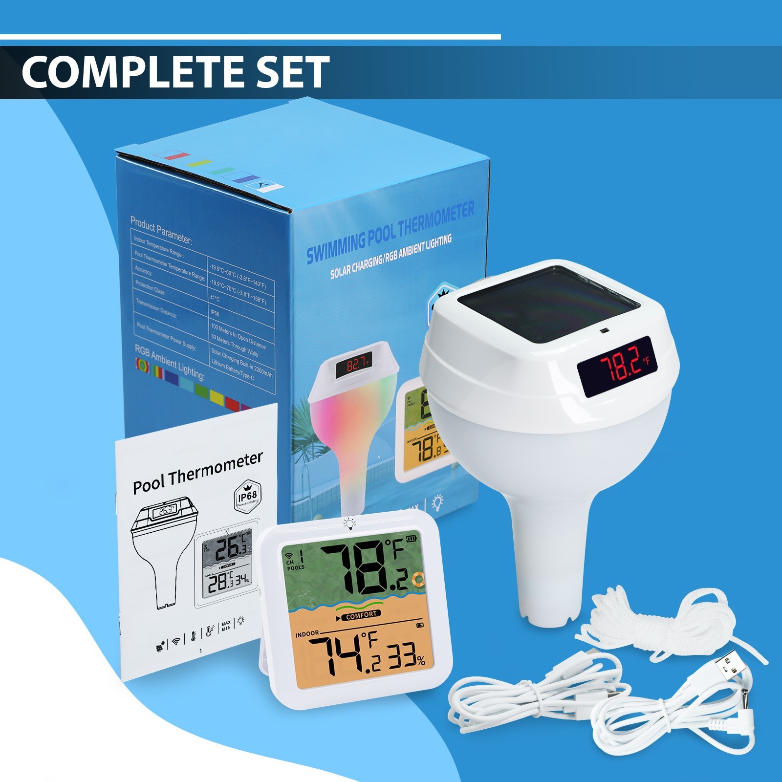 ILTH-518 Solar Wireless Pool Thermometer RGB IP68 Floating with Receiver