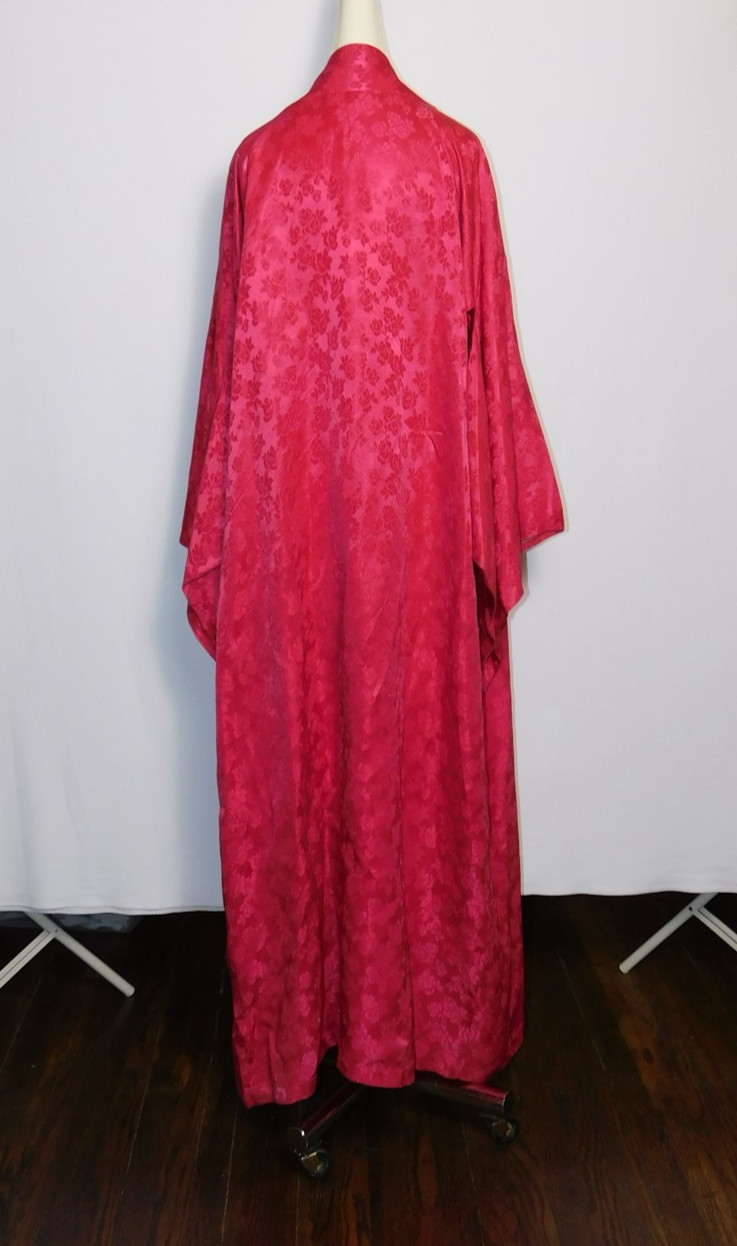 Vtg Womens Fuchsia Pink Floral Silk Damask Full Length Kimono Robe Nightwear