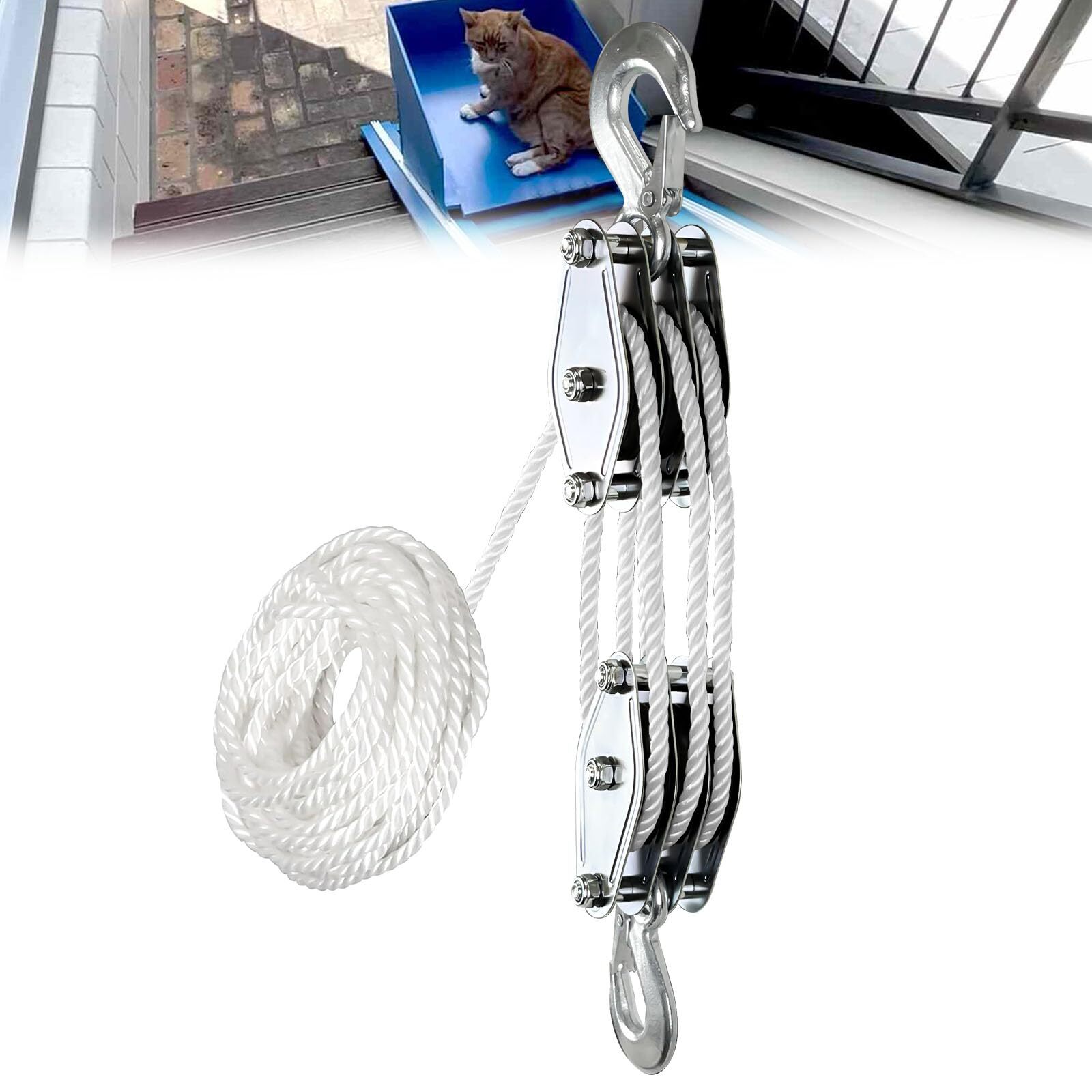 Rope Hoist Pulley System 2200LB Pulley Block and Tackle, 6:1 Ratio Lifting Power