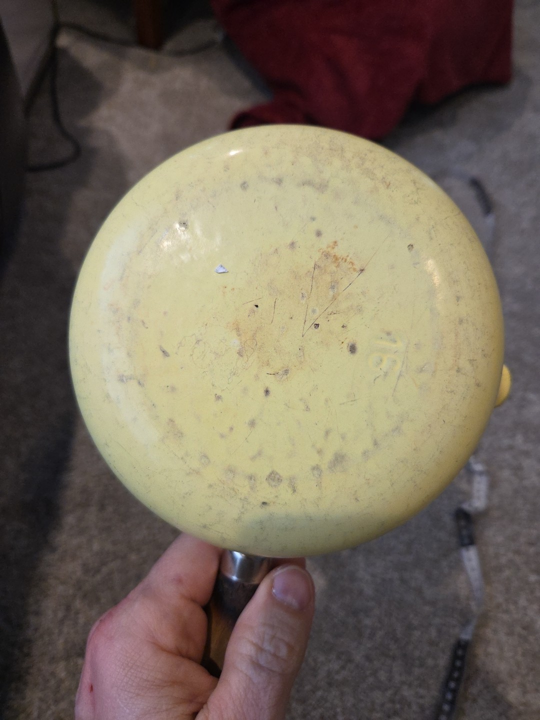 Vintage Enamelware Over Cast Iron Yellow Saucepan With Spout & Wooden Handle MCM