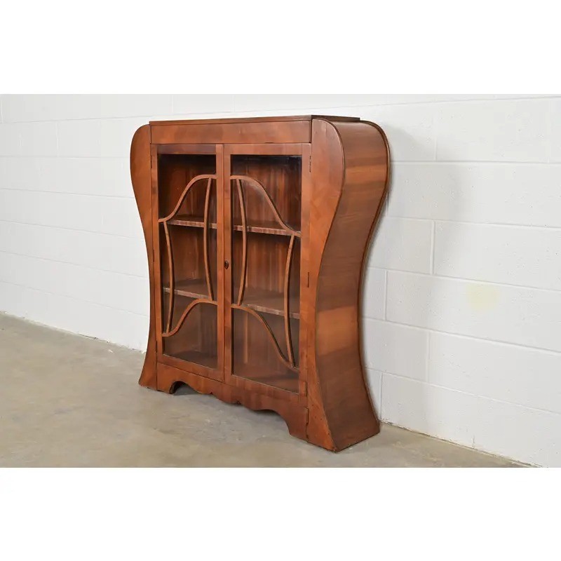 Antique Art Deco Carved Walnut Bookcase or Display Cabinet, Circa 1920s
