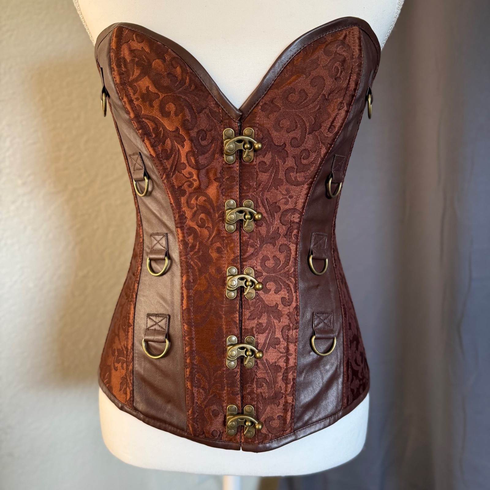 Steampunk Corset Brown Damask Faux Leather Hook Eye Small