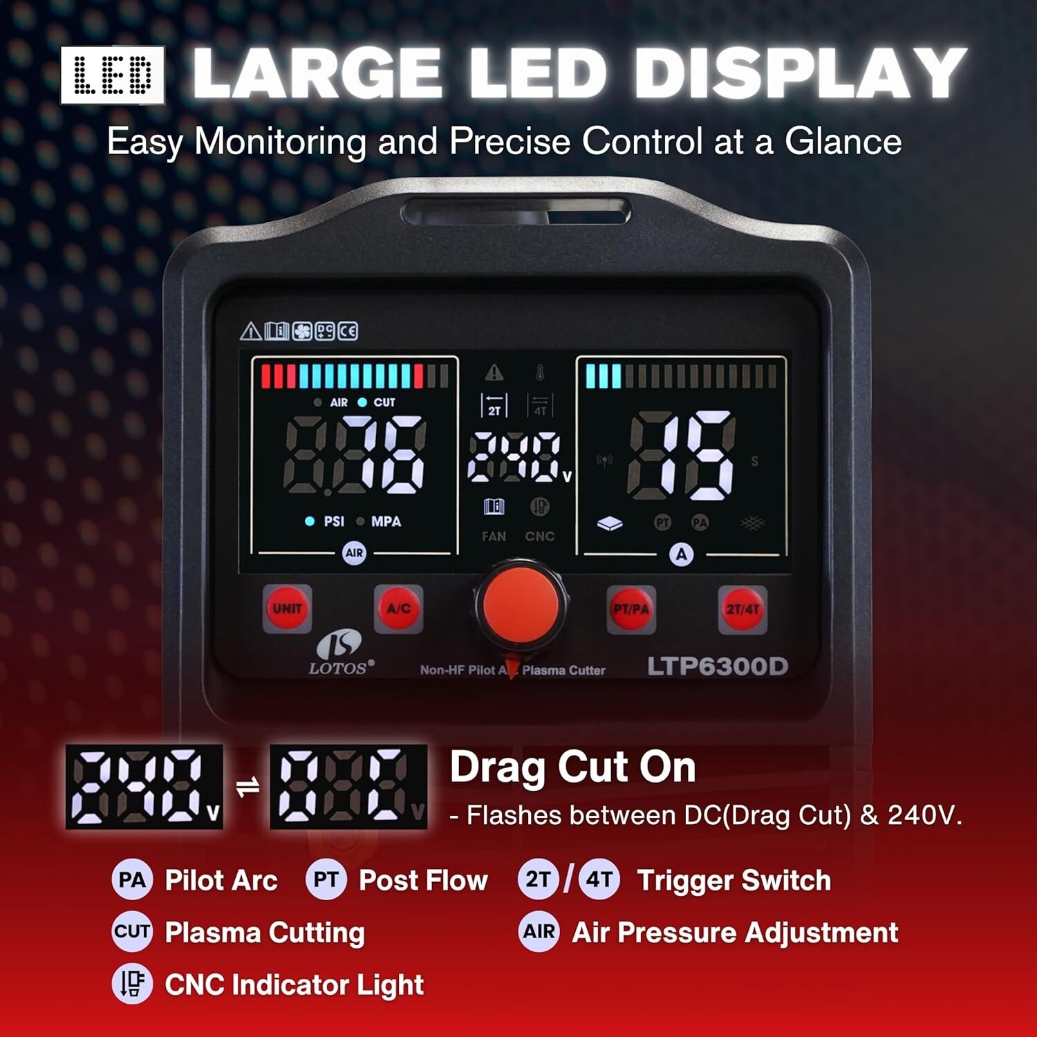 LOTOS LTP6300D-CNC 63A Drag Cut Plasma Cutter Non-Touch Dual Voltage 110/220V