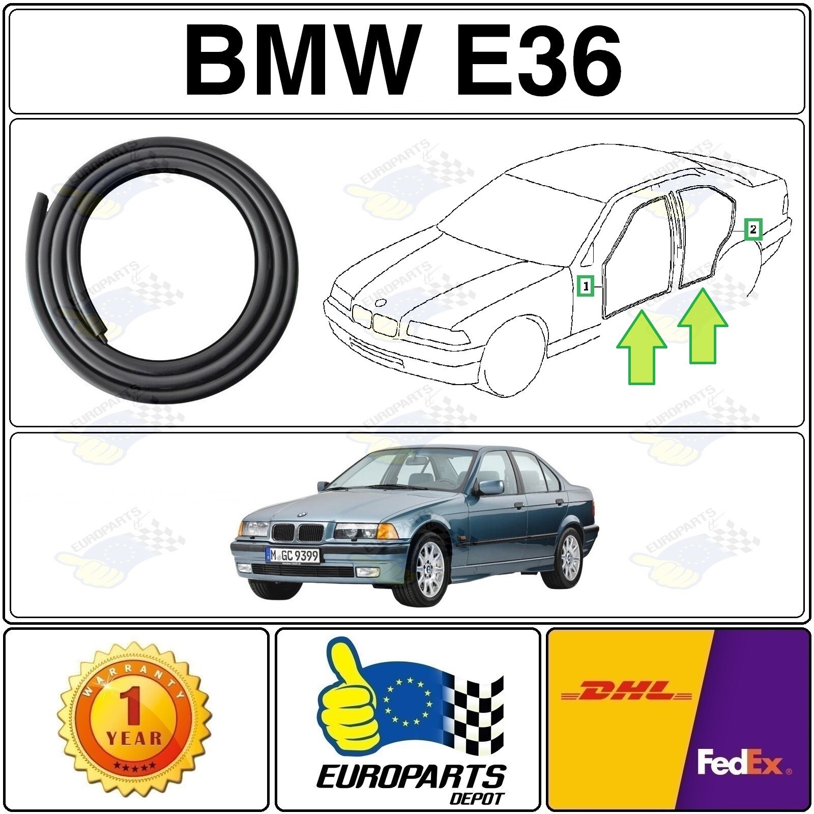 BMW E36 3 Series Sedan Rubber Door Seal Weatherstrip Kit 4 Piece Set 51728196289