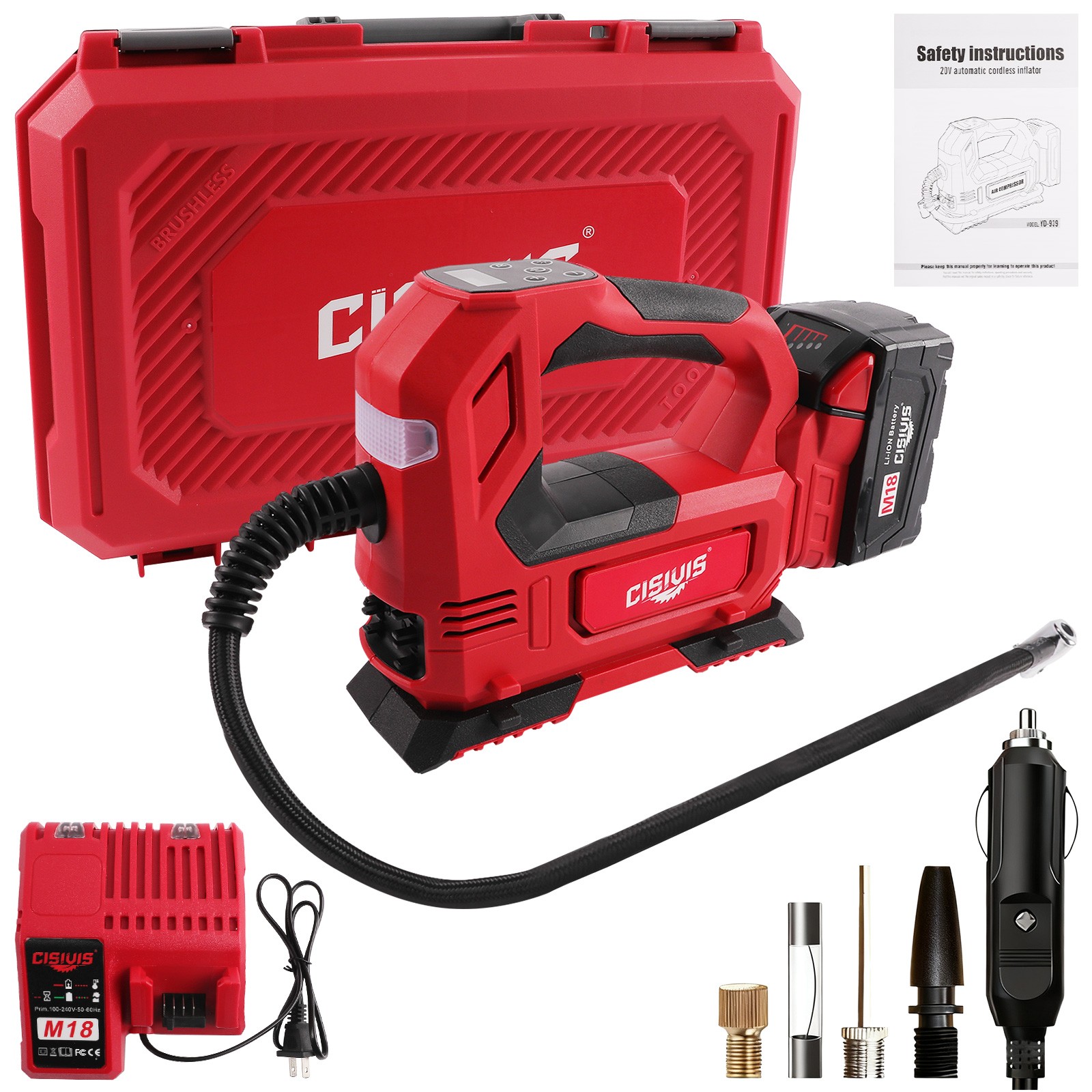 Cisivis Cordless Tire Inflator Pump For Milwaukee M18 Bettery With Car charger