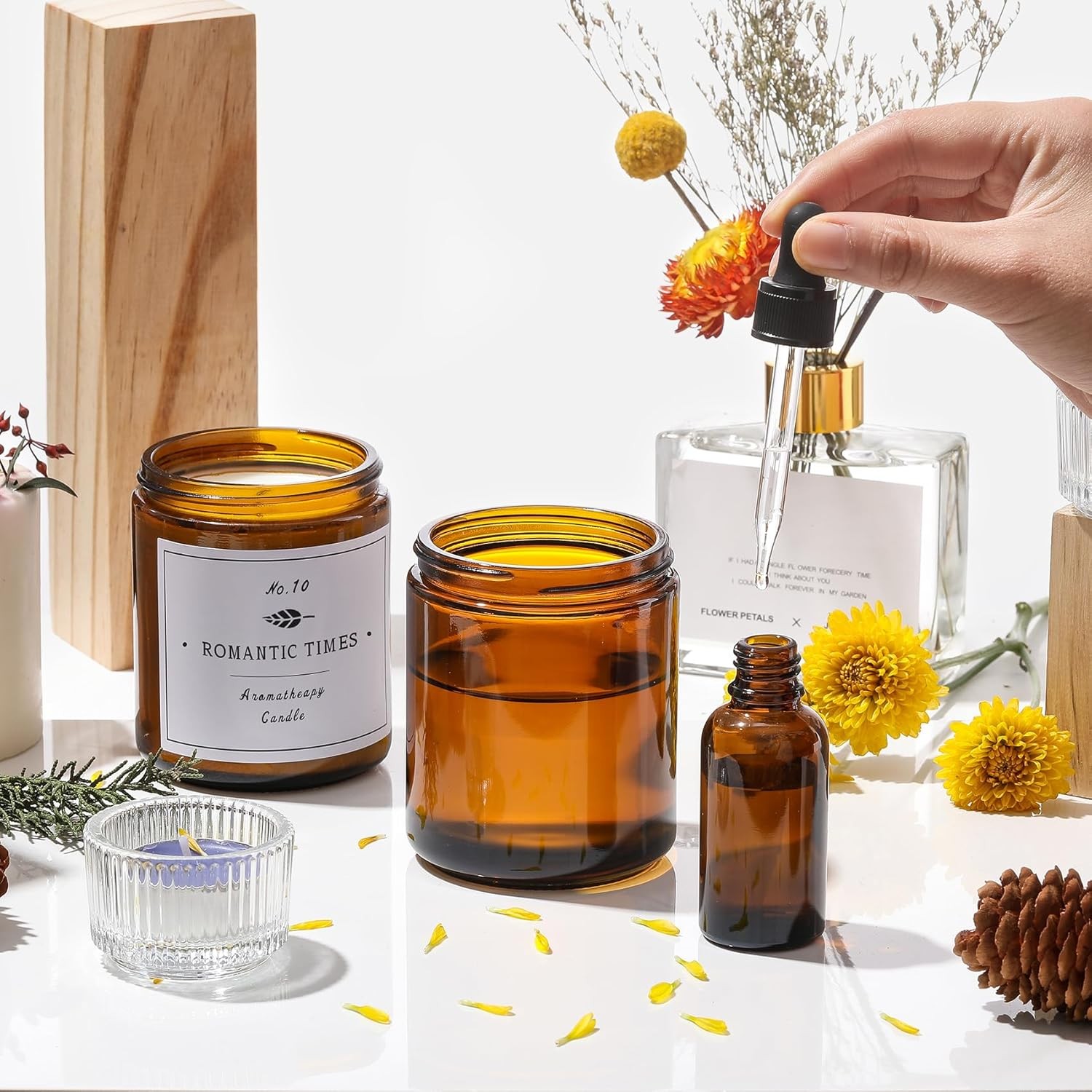 24 Pack, 8 OZ Thick Amber round Glass Jars with Black Metal Lids - Empty Candle