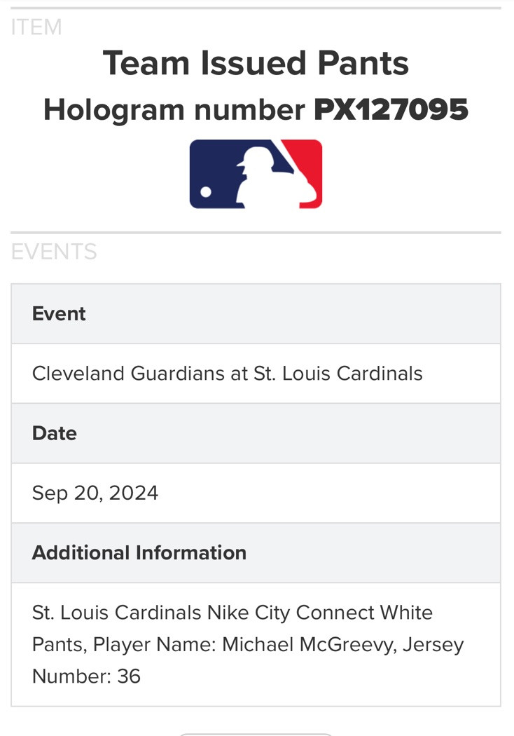 Michael McGreevy St. Louis Cardinals Game Used/Issued City Connect ‘24 Pants MLB