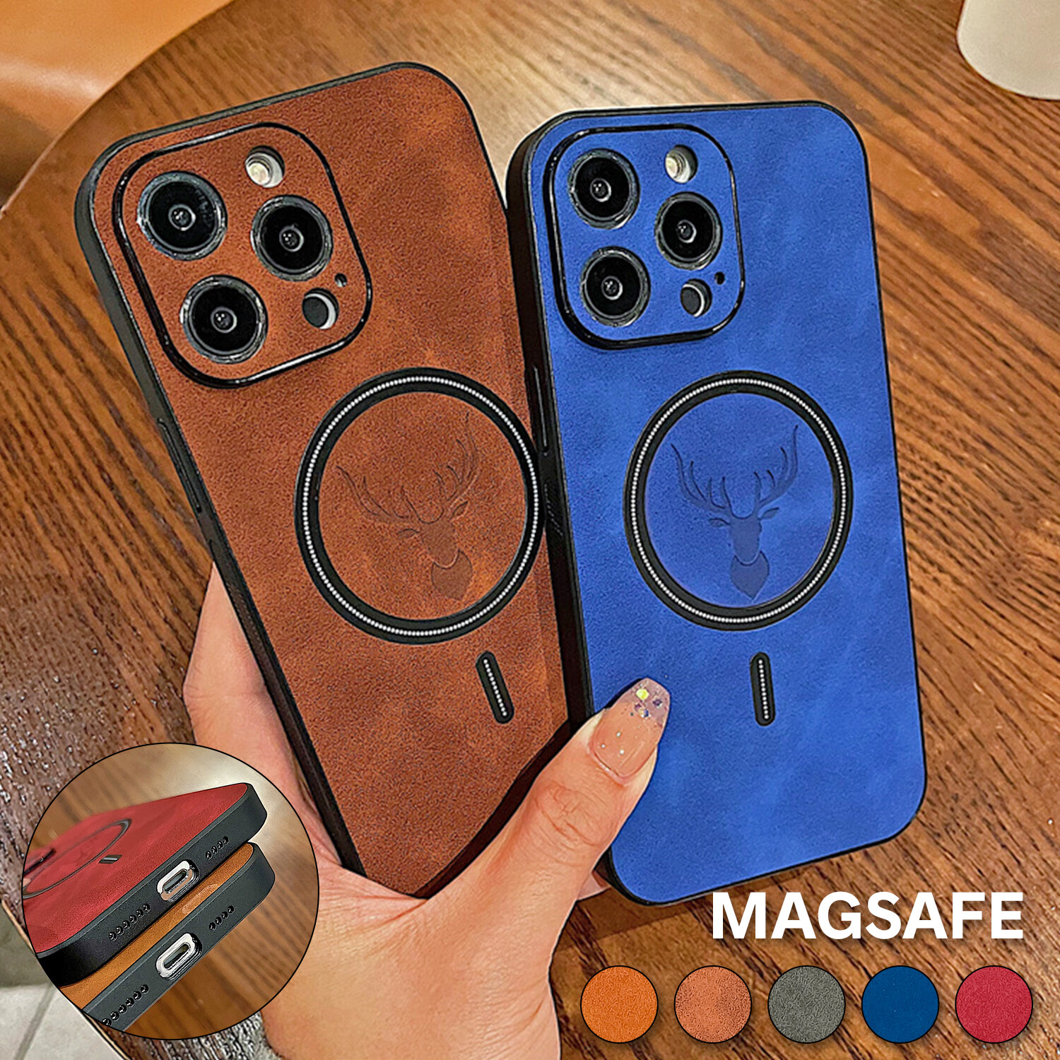 Deer Leather Shockproof MagSafe Case For iPhone 15 14 Plus 13 Pro Max 12 11