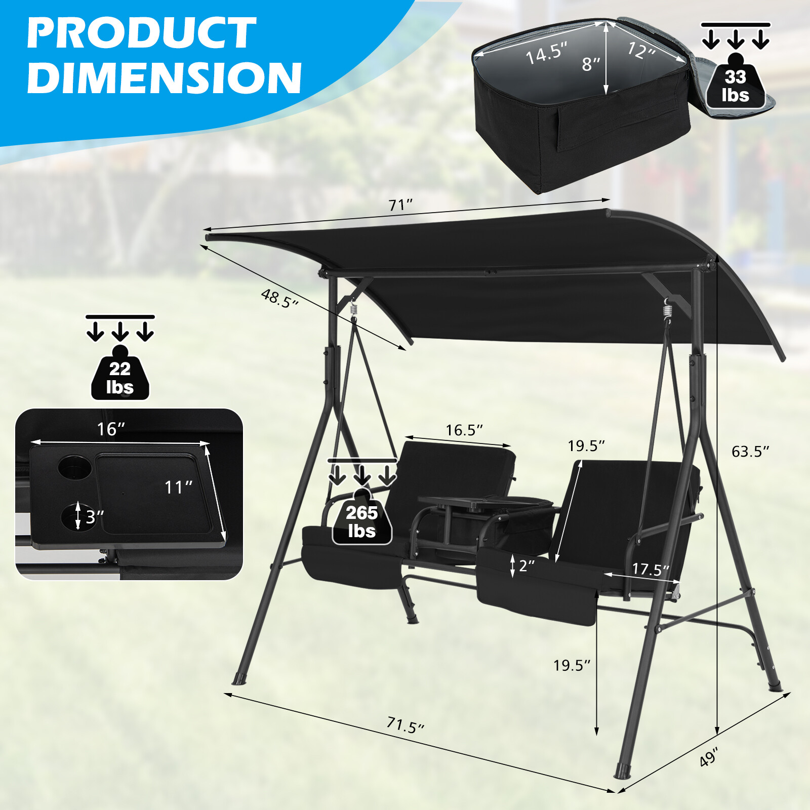 2-Person Porch Swing Chair with Adjustable Canopy & Removable Cushions Black