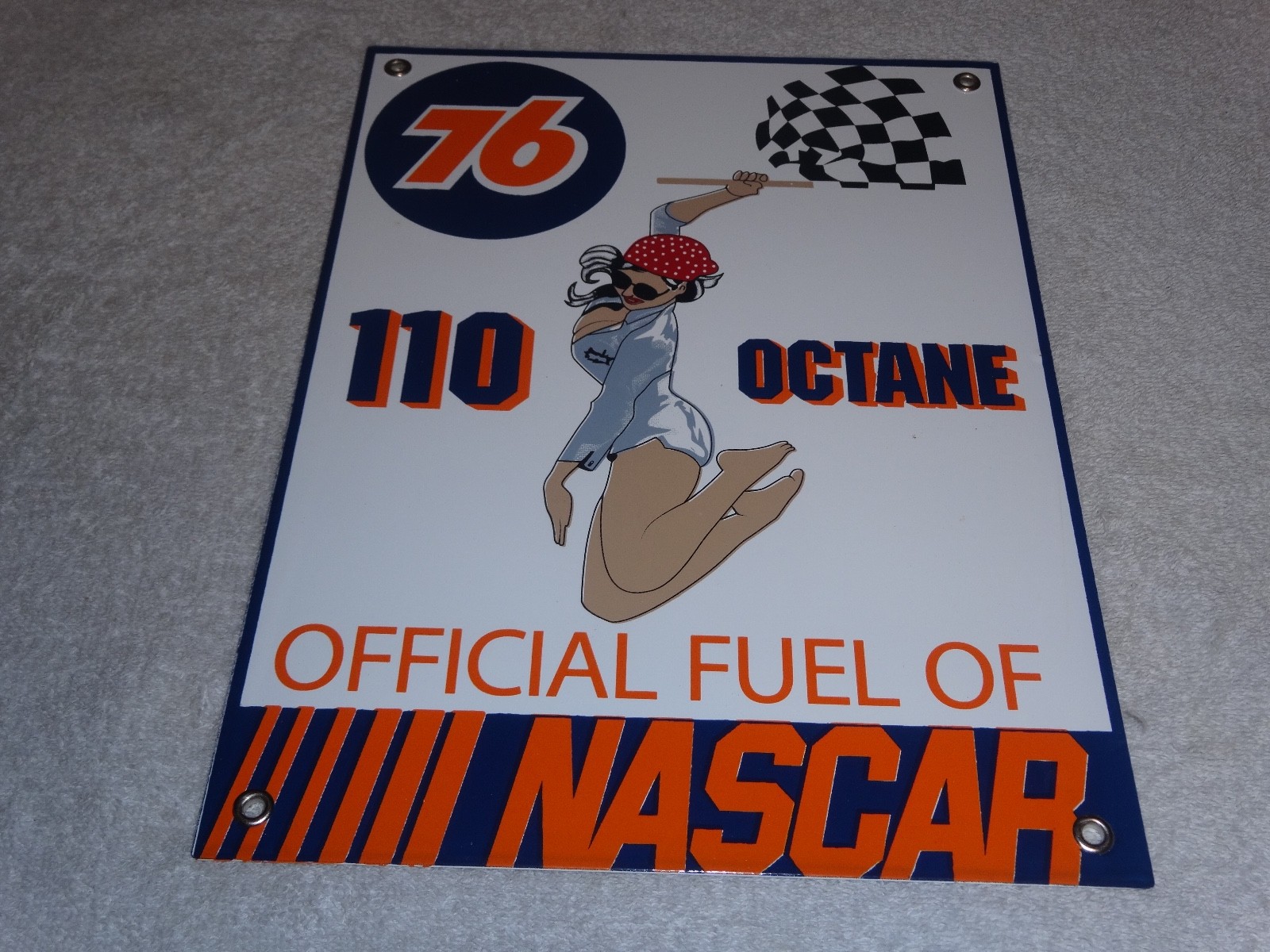 VINTAGE UNION 76 GASOLINE WOMAN +RACING FLAG 12" PORCELAIN METAL NASCAR OIL SIGN