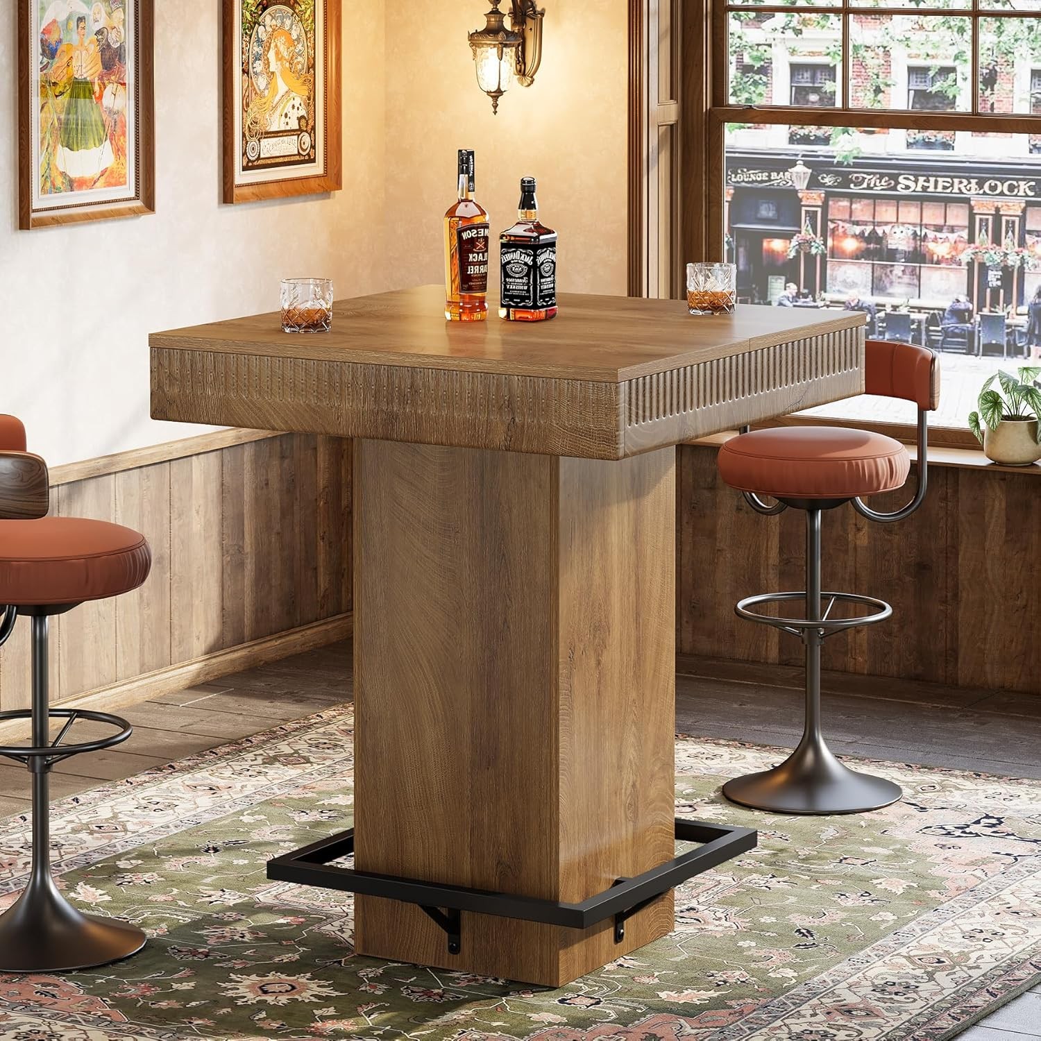 Industrial Bar Table, 37.4" Square Wooden Bistro Pub Table with Metal Footrest
