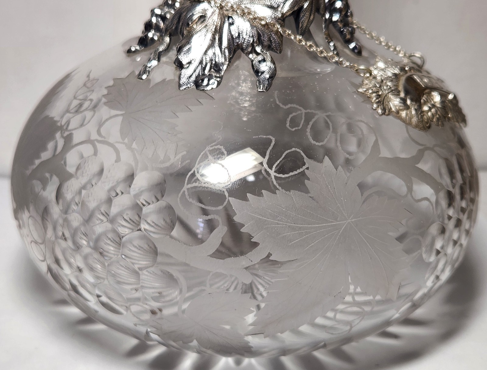 Ornate Antique Port Decanter, Silverplate Mounts, Etched Glass Bottle, Tag