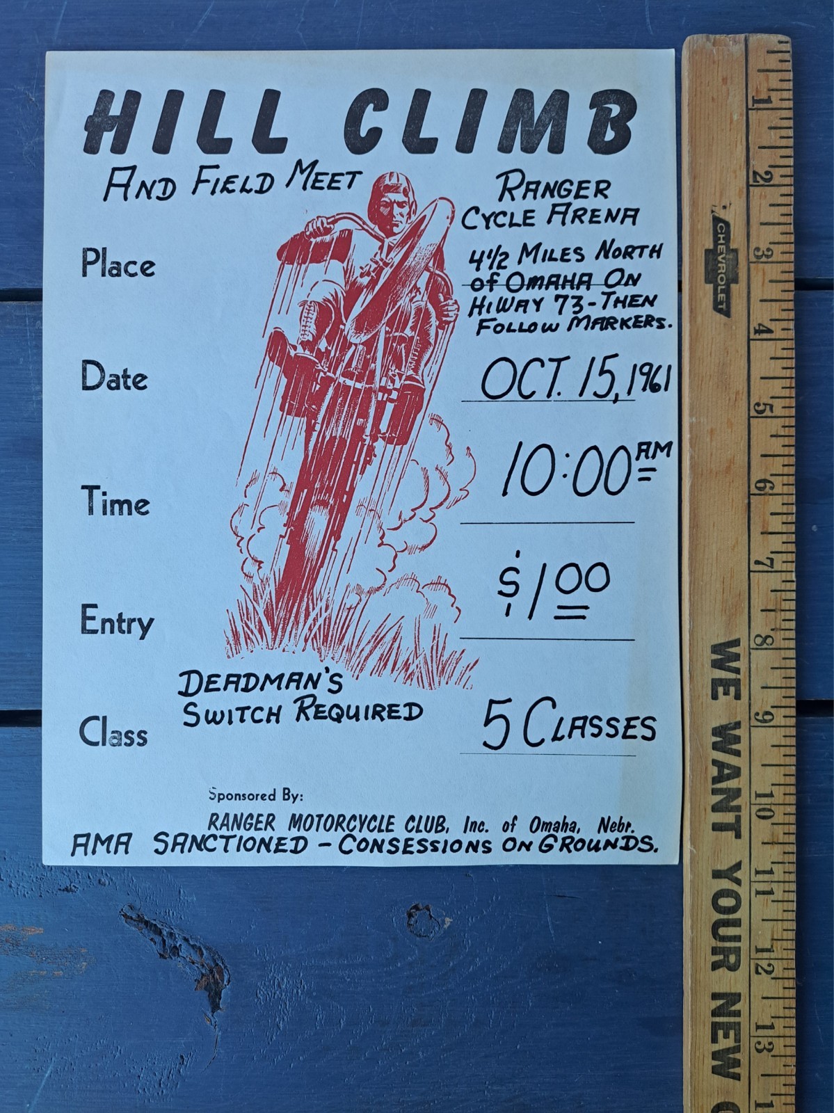 1961 ORIGINAL RANGER MOTORCYCLE CLUB OMAHA NEBRASKA HILL CLIMB EVENT POSTER