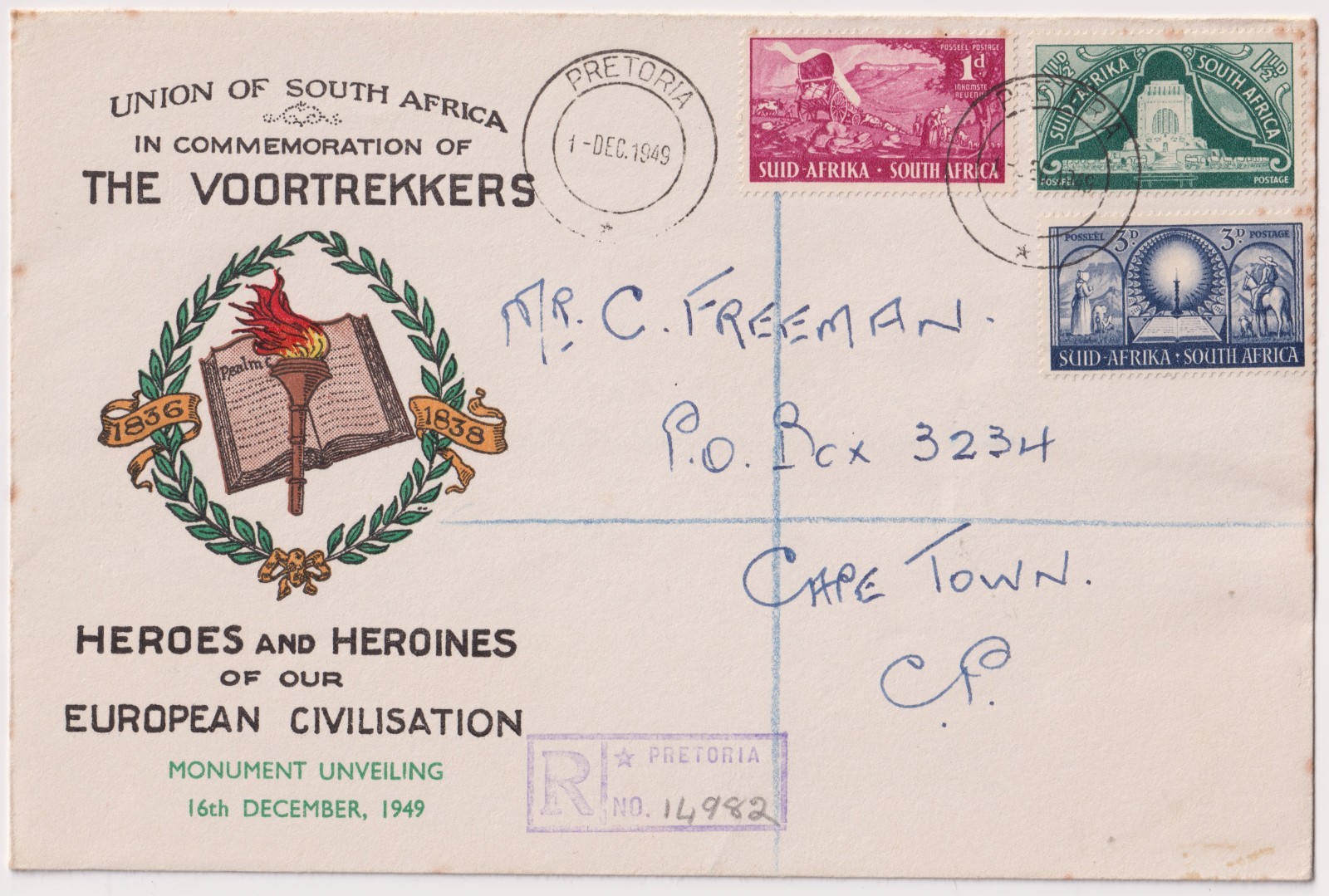 1949 South Africa Voortrekker Monument Registered Cover Pretoria To Cape Town