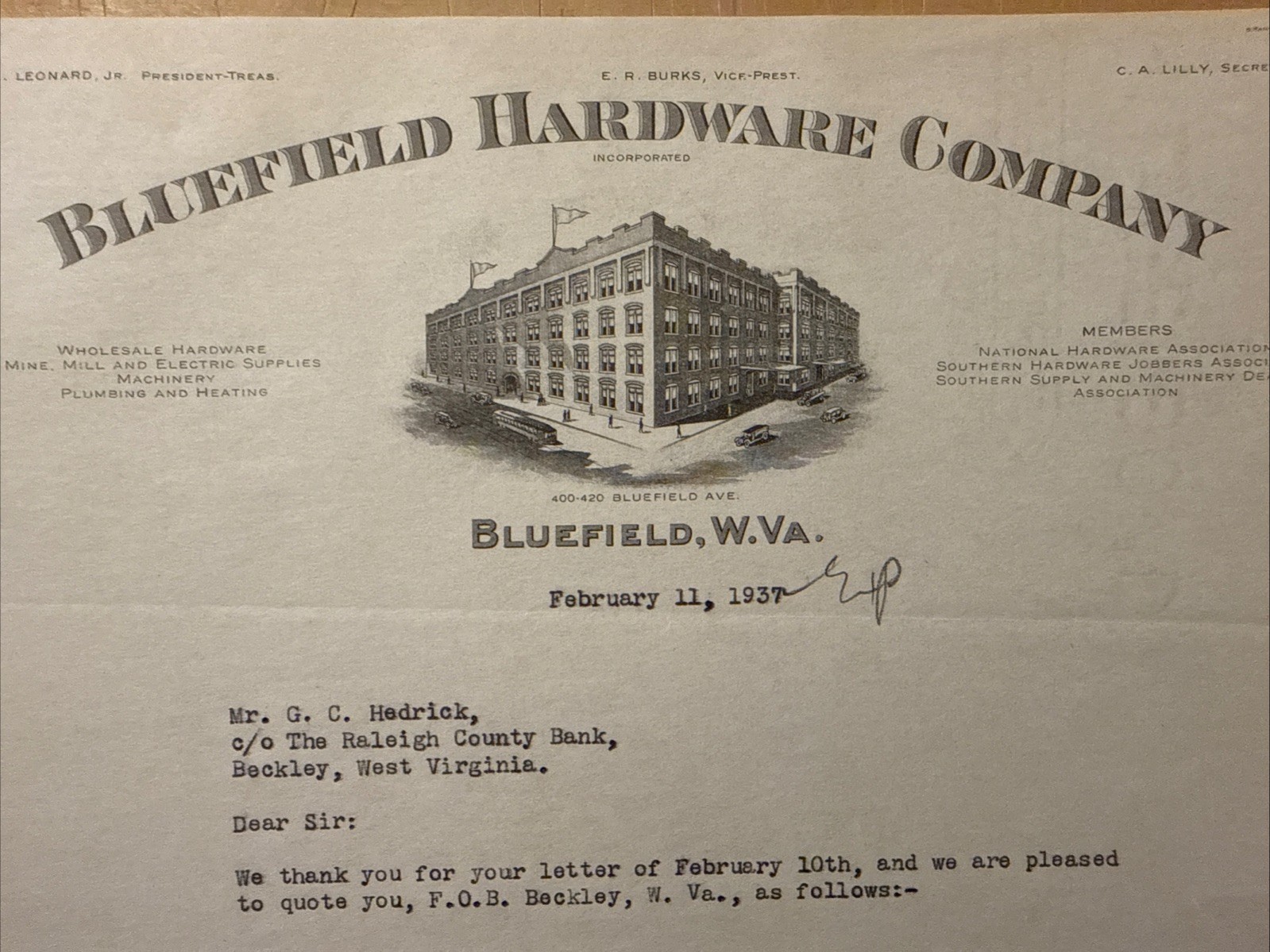 1937 Bluefield Hardware Co. Letter - Bluefield, West Virginia.